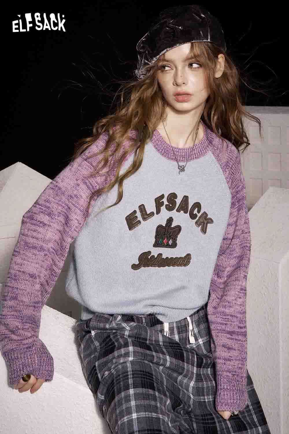 ELFSACK soft graphic knit sweater in gray and purple with playful design for casual wear