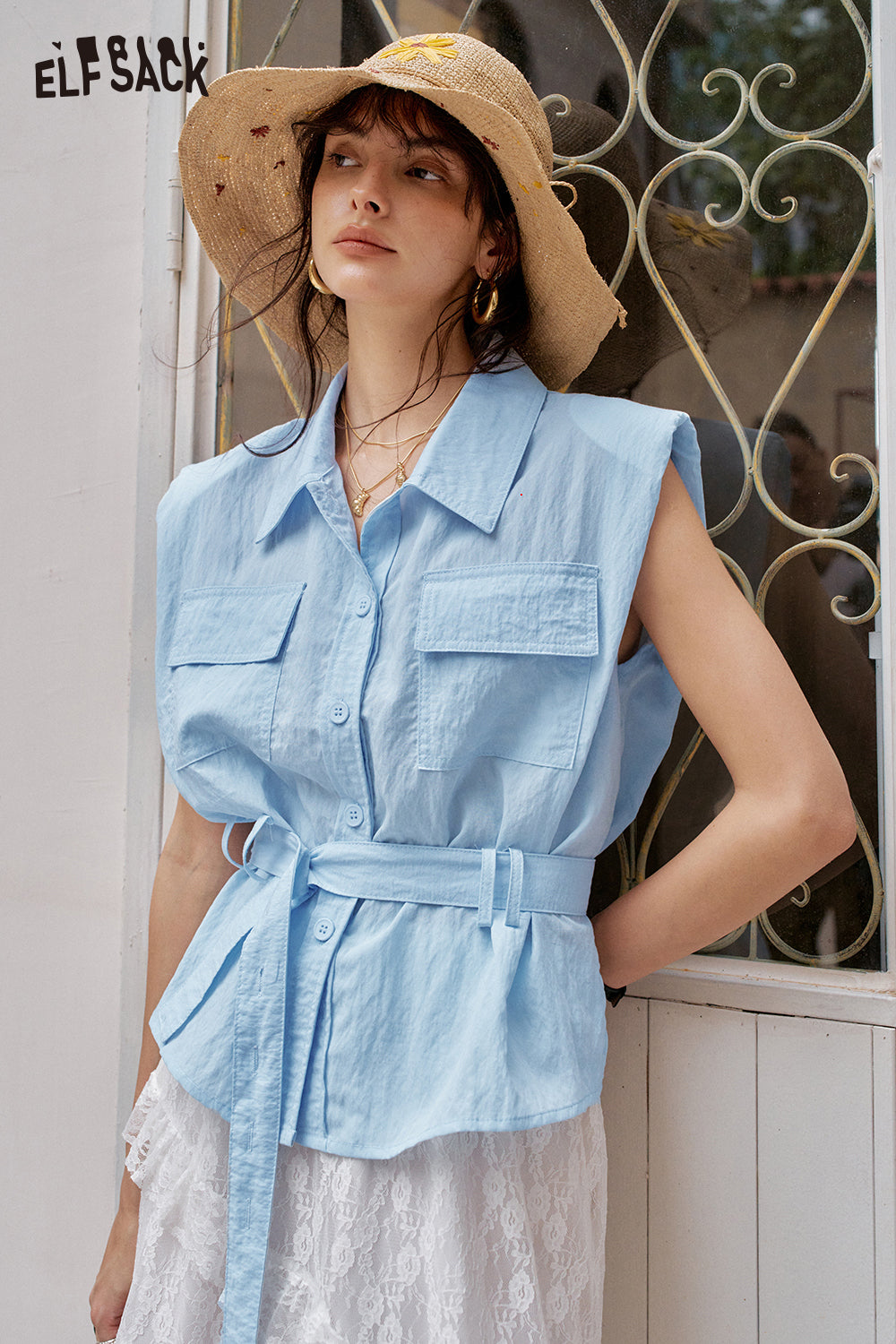ELFSACK Solid Color Belt Chic Versatile Shirt