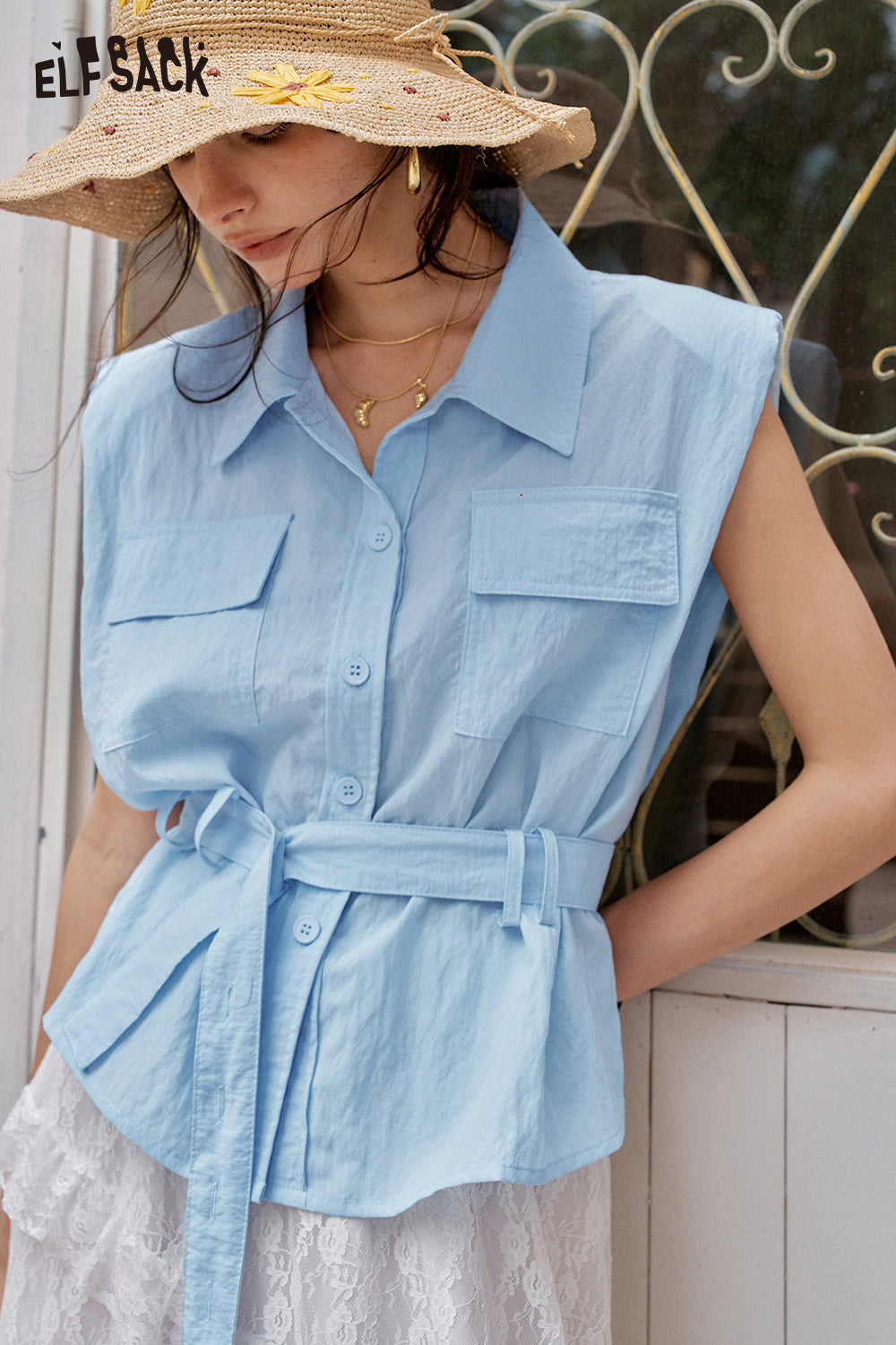 ELFSACK Solid Color Belt Chic Versatile Shirt