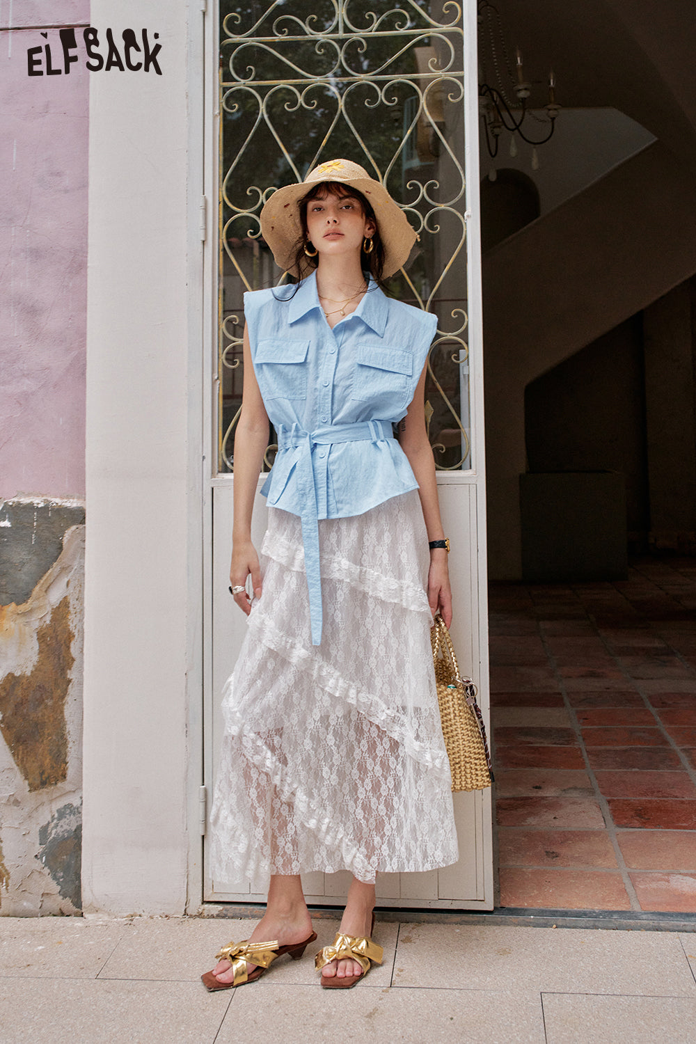 ELFSACK Solid Color Belt Chic Versatile Shirt