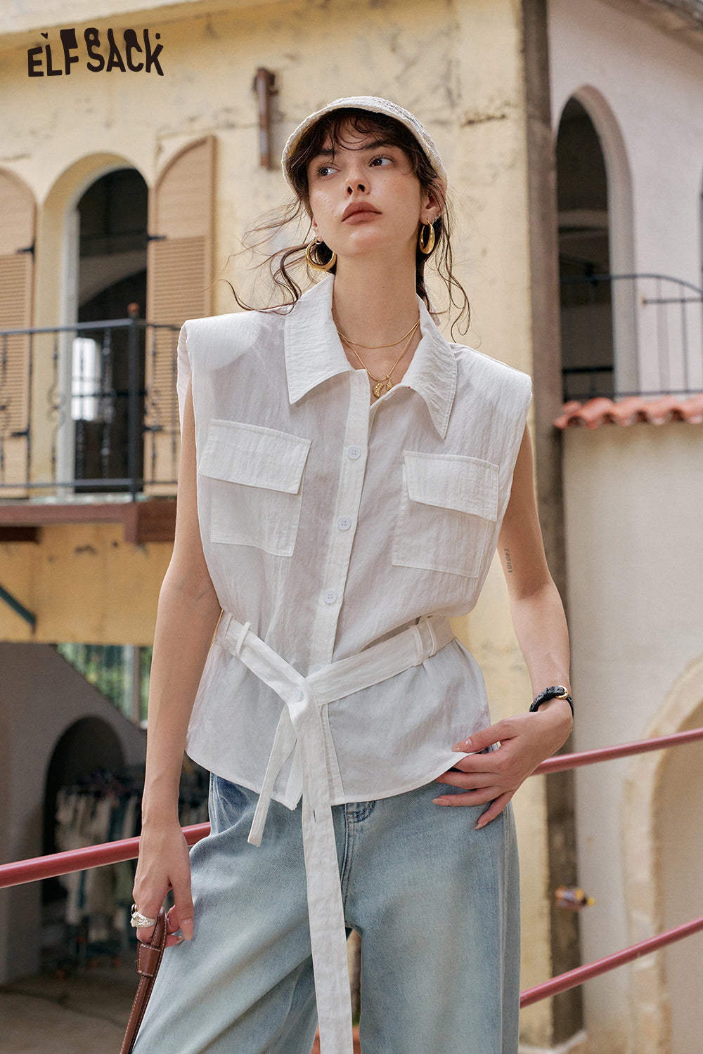 ELFSACK Solid Color Belt Chic Versatile Shirt