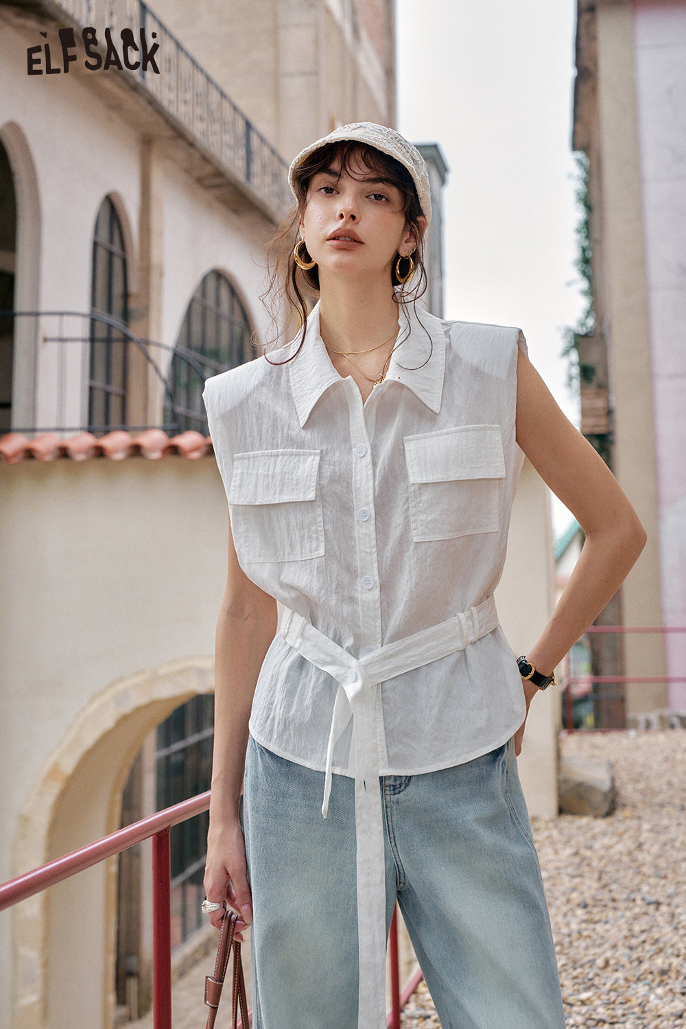 ELFSACK Solid Color Belt Chic Versatile Shirt