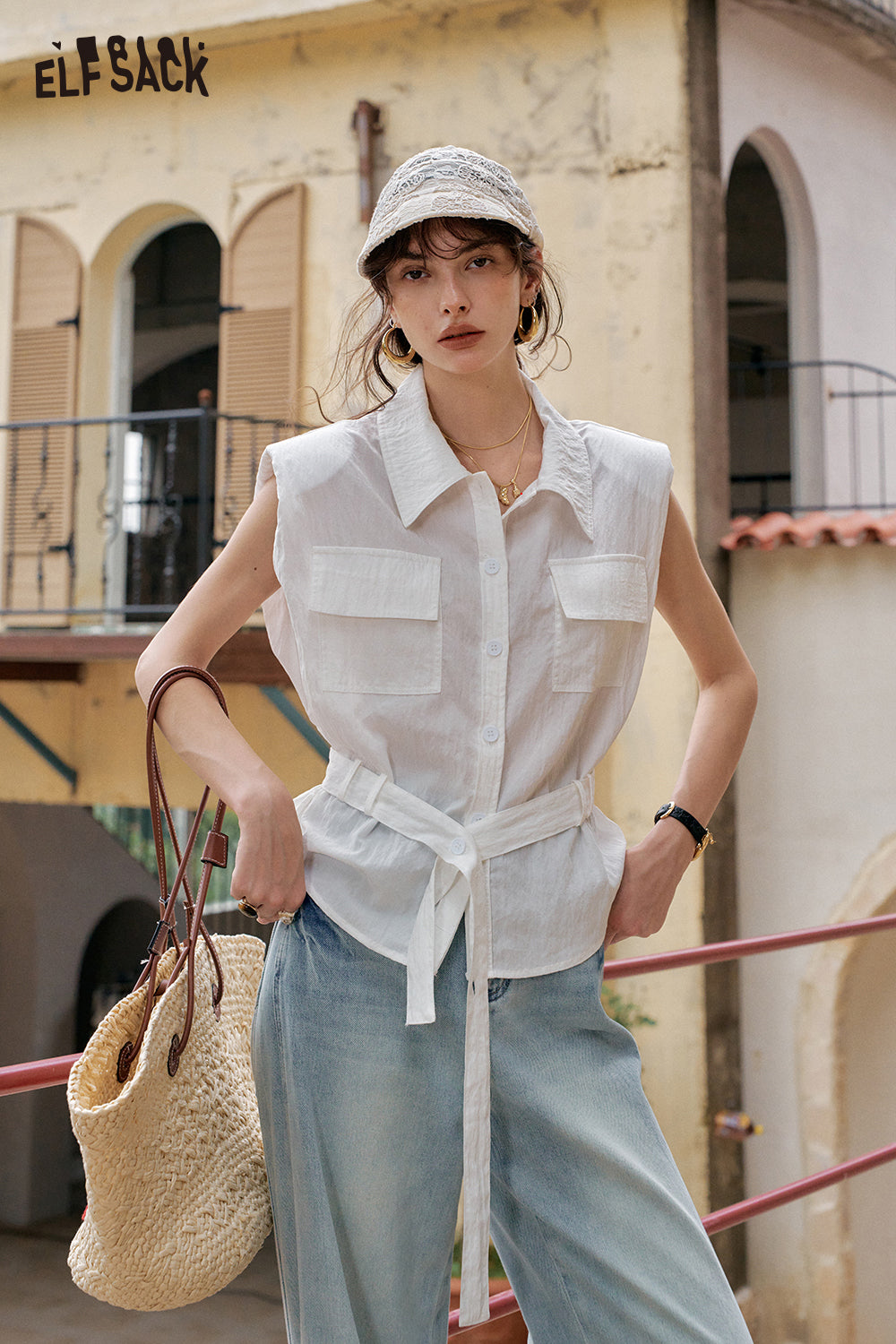 ELFSACK Solid Color Belt Chic Versatile Shirt