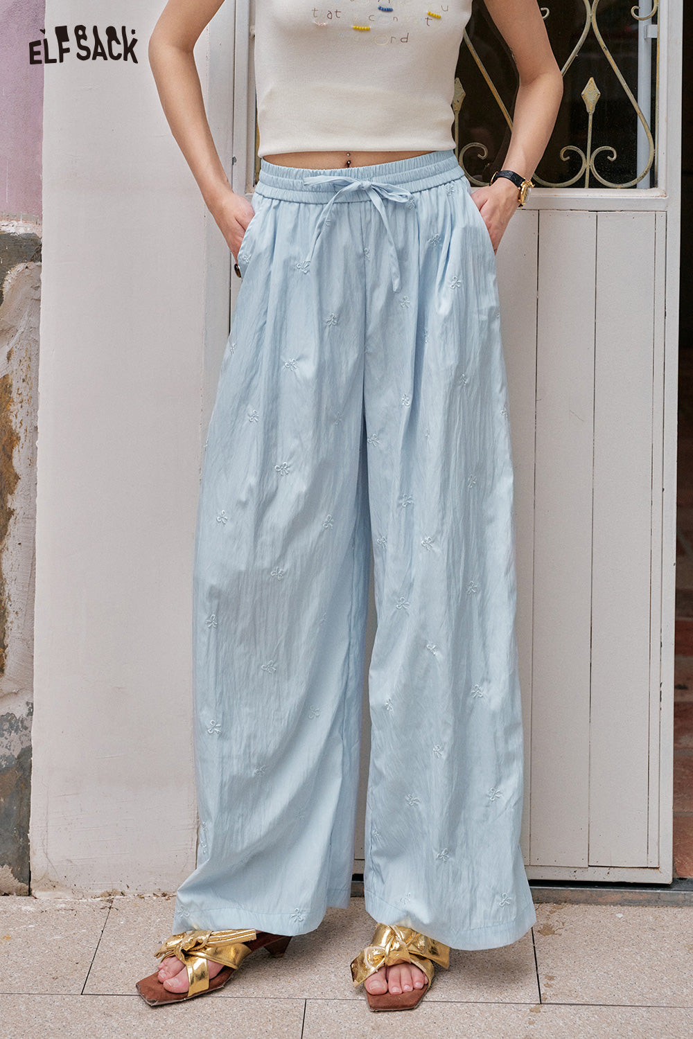 ELFSACK Solid Color Bow Embroidery High Waisted Casual Wide Leg Pants
