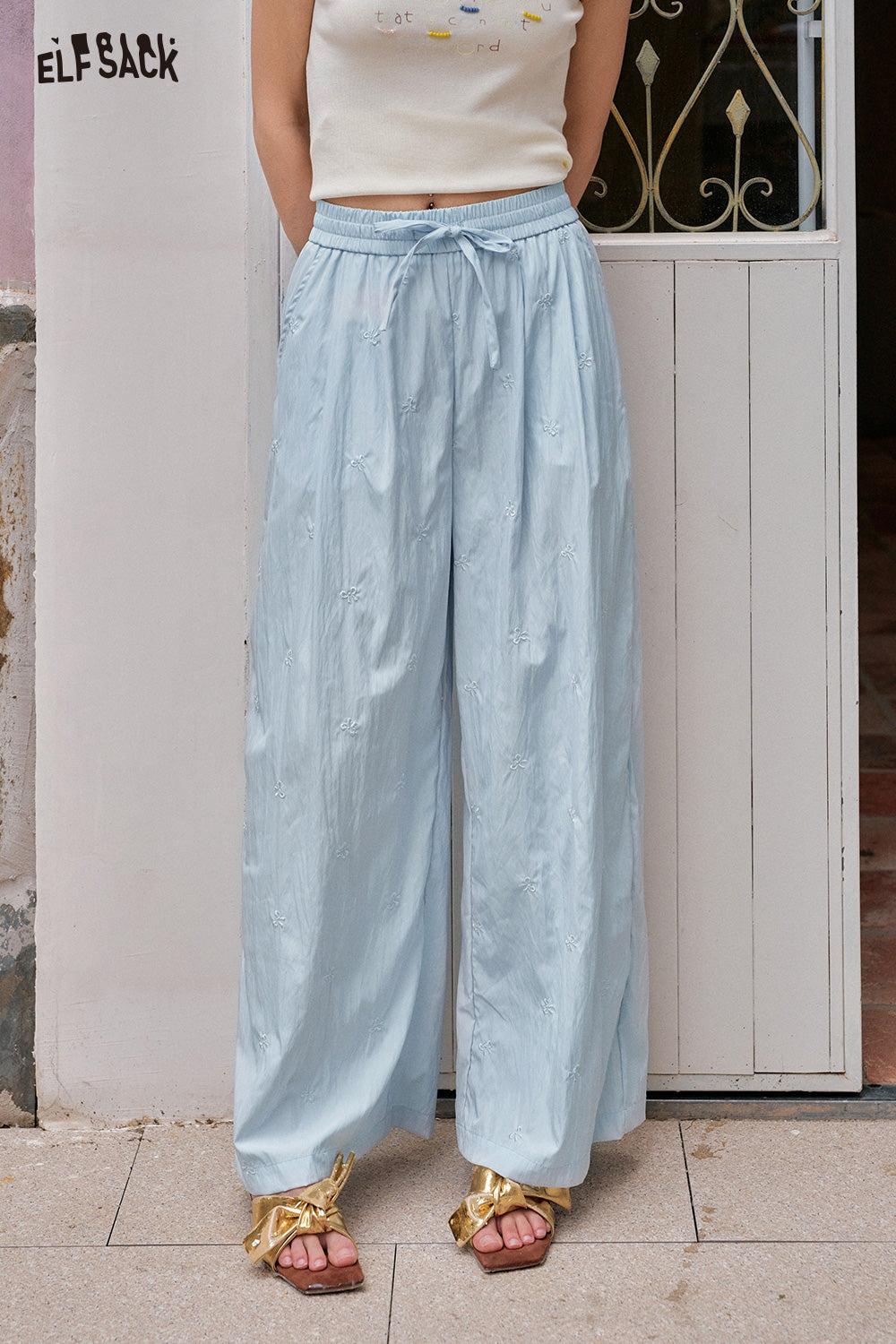 ELFSACK Solid Color Bow Embroidery High Waisted Casual Wide Leg Pants