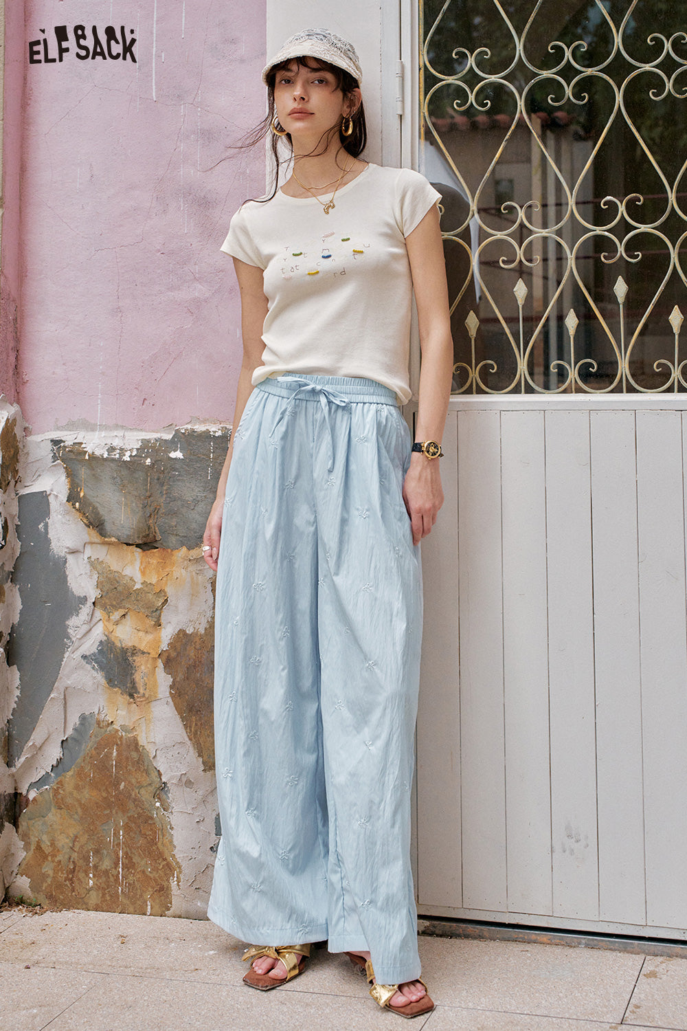 ELFSACK Solid Color Bow Embroidery High Waisted Casual Wide Leg Pants