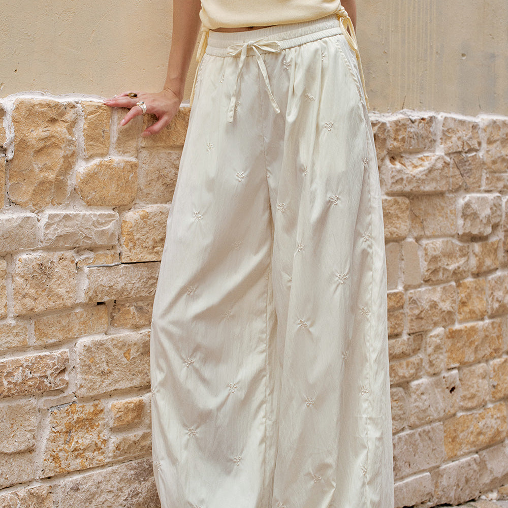 ELFSACK Solid Color Bow Embroidery High Waisted Casual Wide Leg Pants