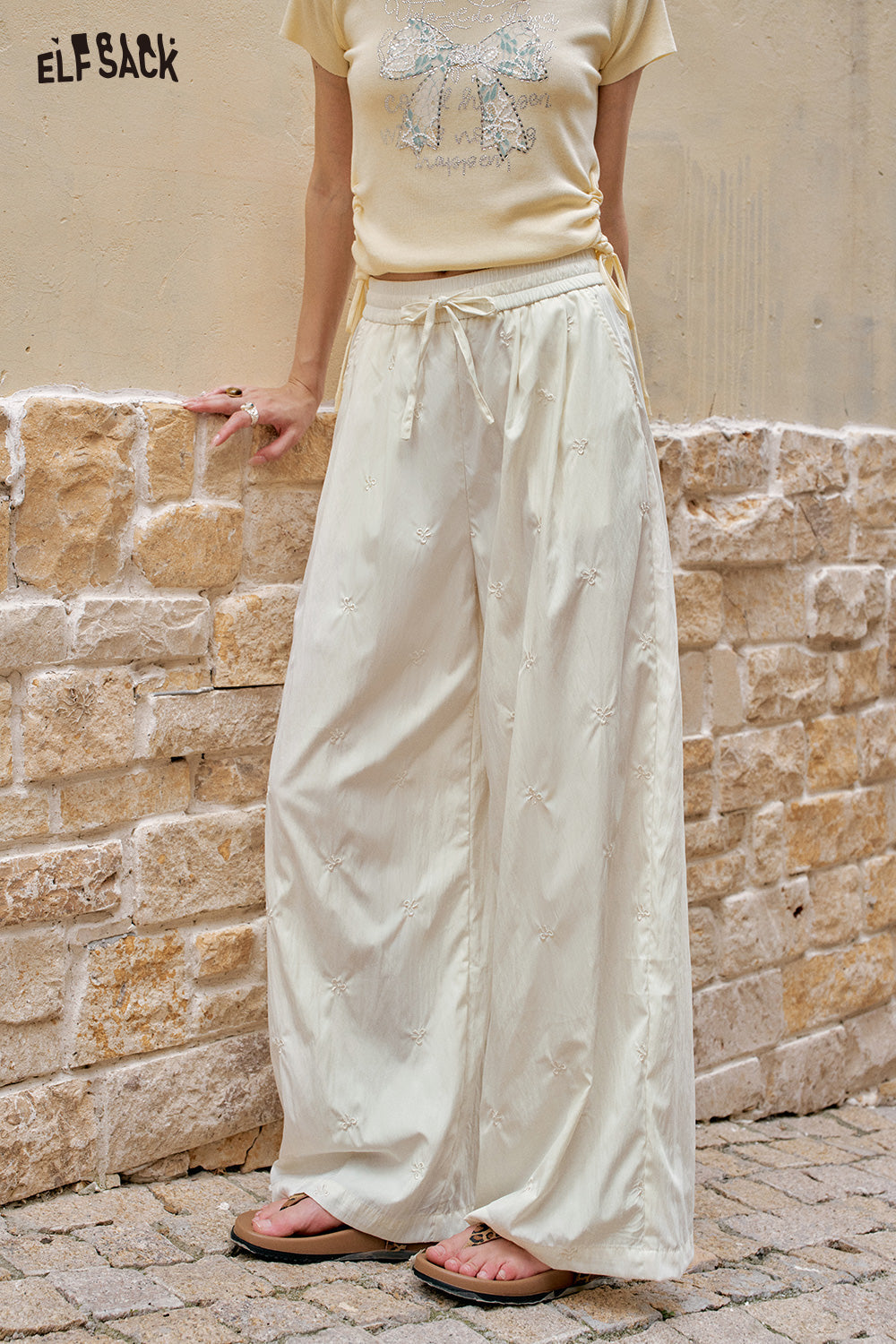 ELFSACK Solid Color Bow Embroidery High Waisted Casual Wide Leg Pants