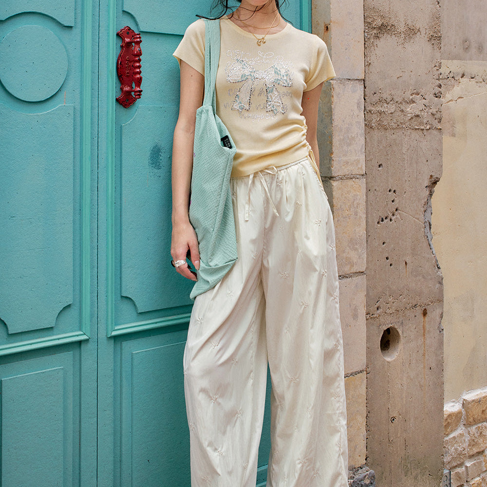 ELFSACK Solid Color Bow Embroidery High Waisted Casual Wide Leg Pants