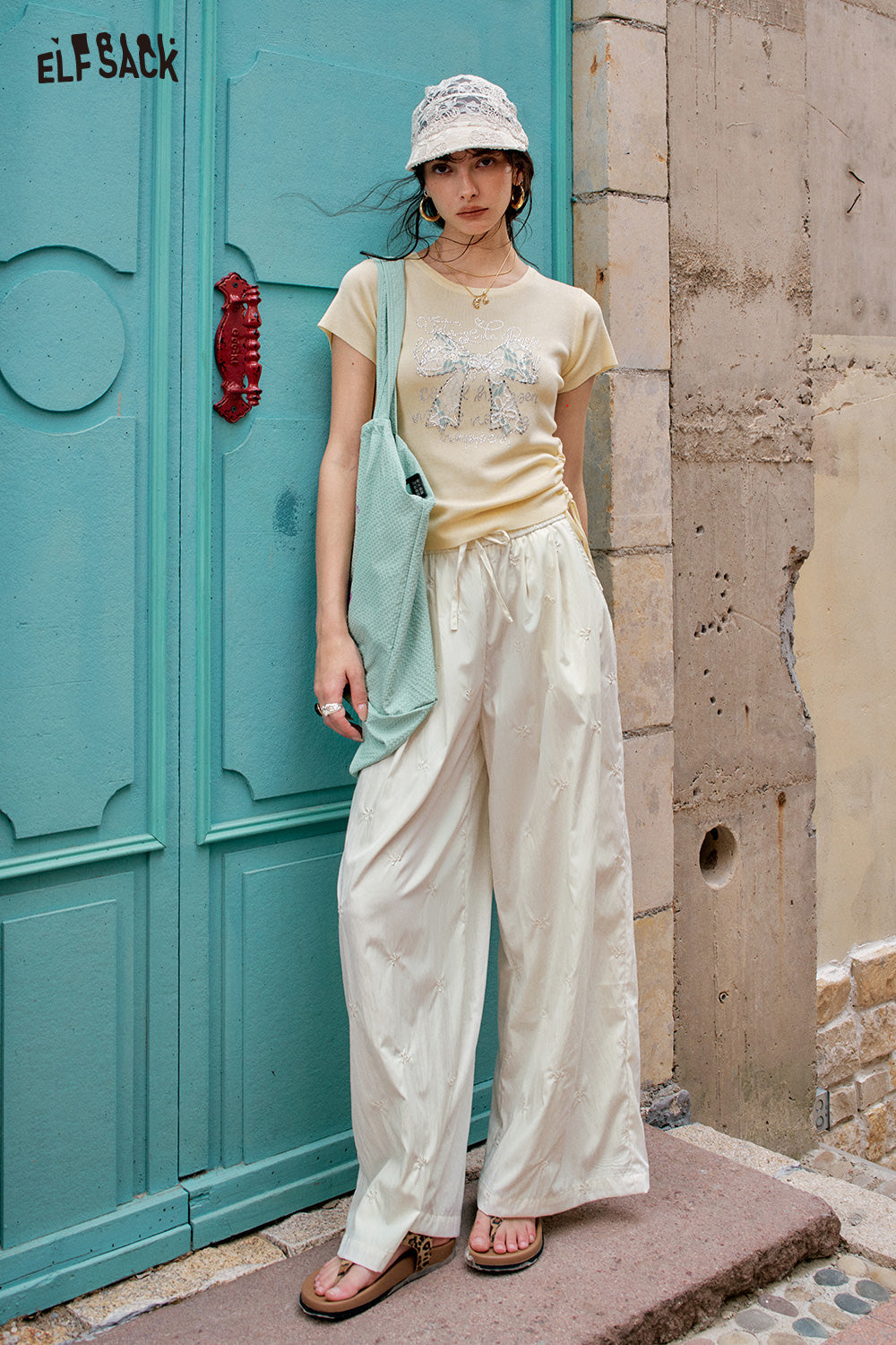 ELFSACK Solid Color Bow Embroidery High Waisted Casual Wide Leg Pants