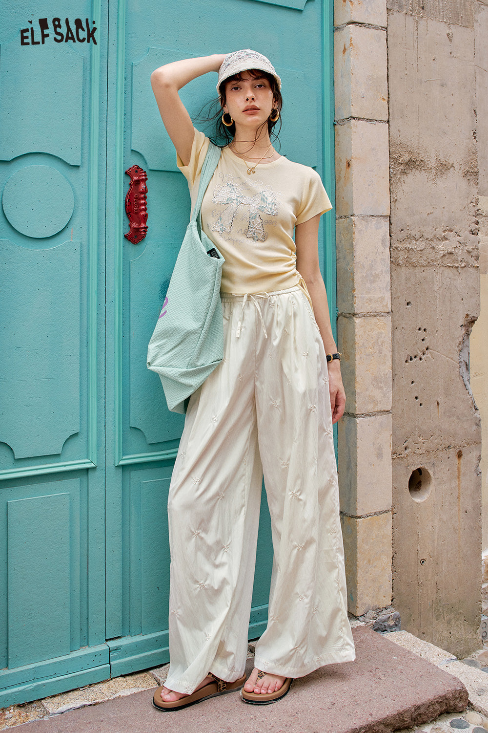 ELFSACK Solid Color Bow Embroidery High Waisted Casual Wide Leg Pants