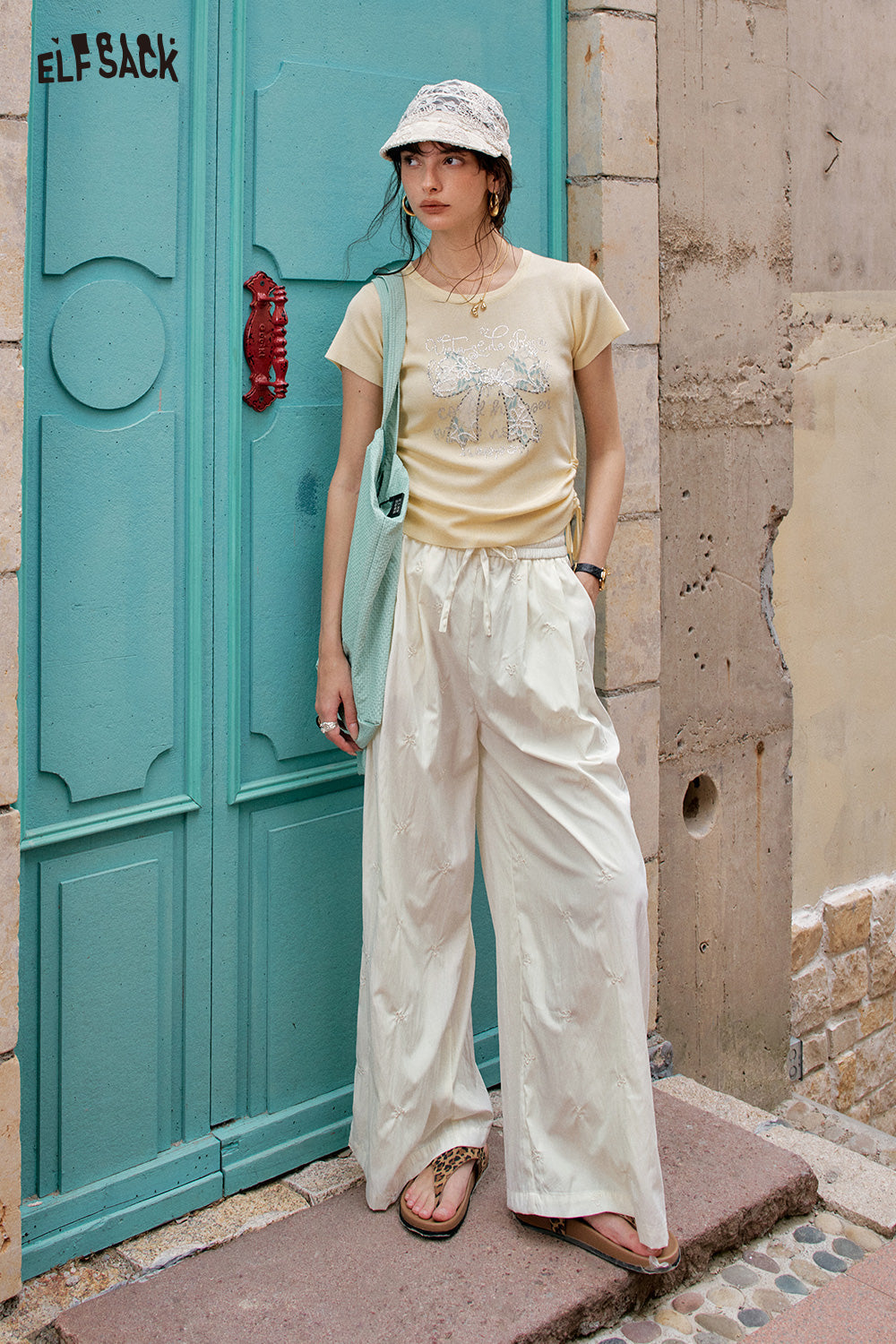 ELFSACK Solid Color Bow Embroidery High Waisted Casual Wide Leg Pants
