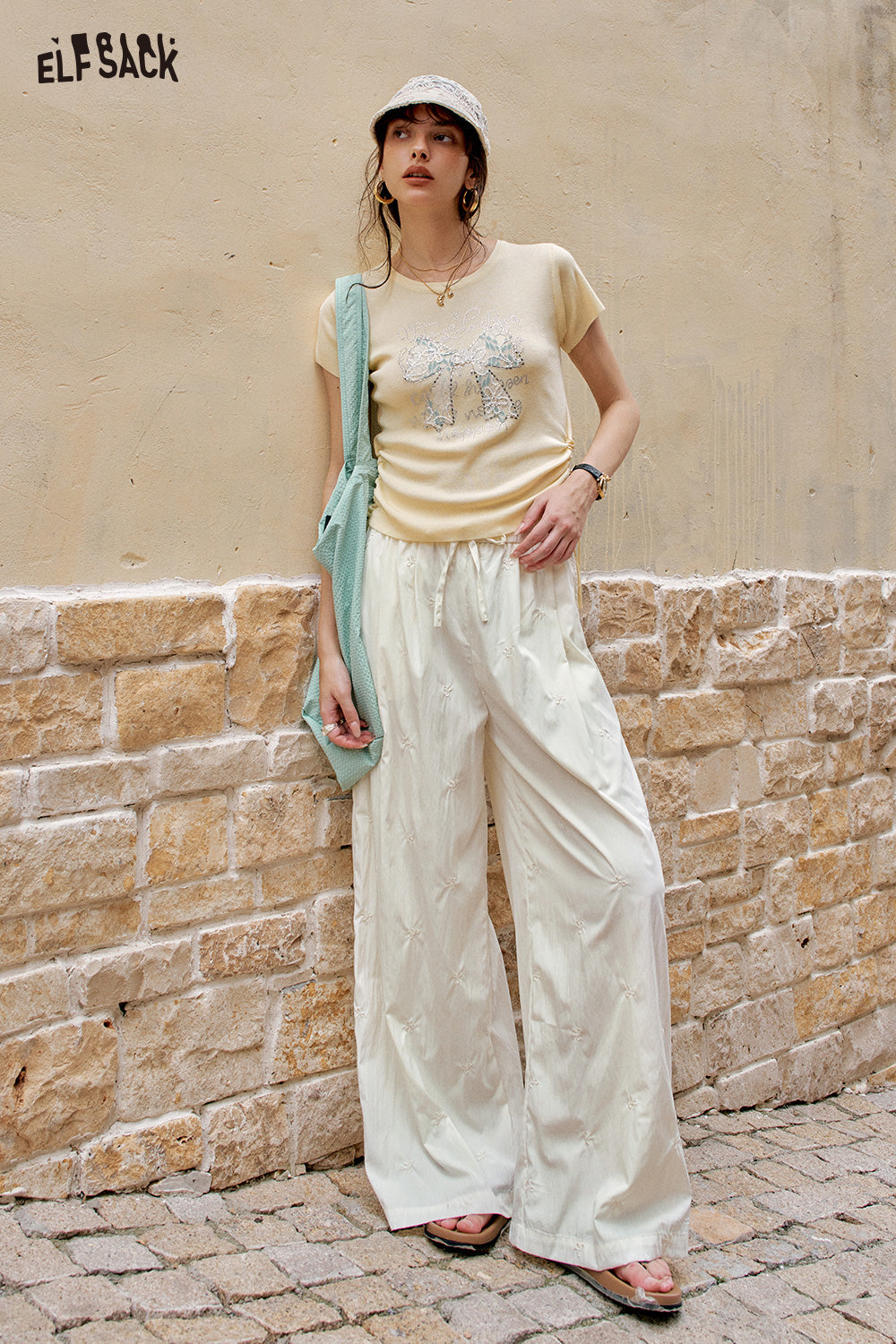 ELFSACK Solid Color Bow Embroidery High Waisted Casual Wide Leg Pants
