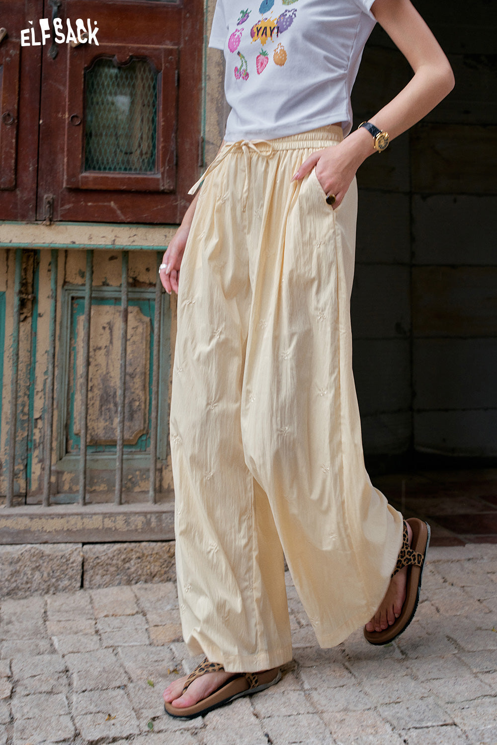 ELFSACK Solid Color Bow Embroidery High Waisted Casual Wide Leg Pants