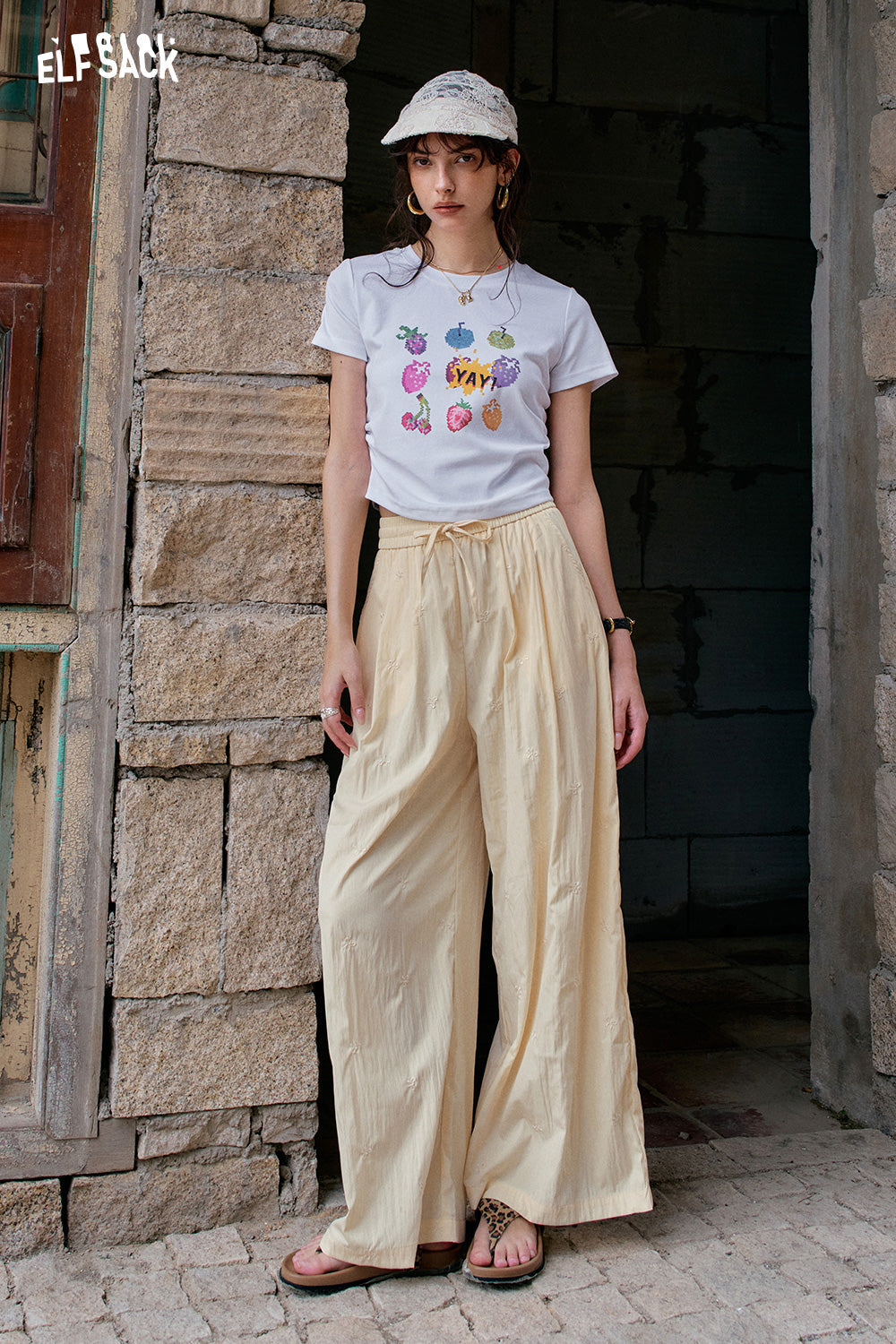 ELFSACK Solid Color Bow Embroidery High Waisted Casual Wide Leg Pants