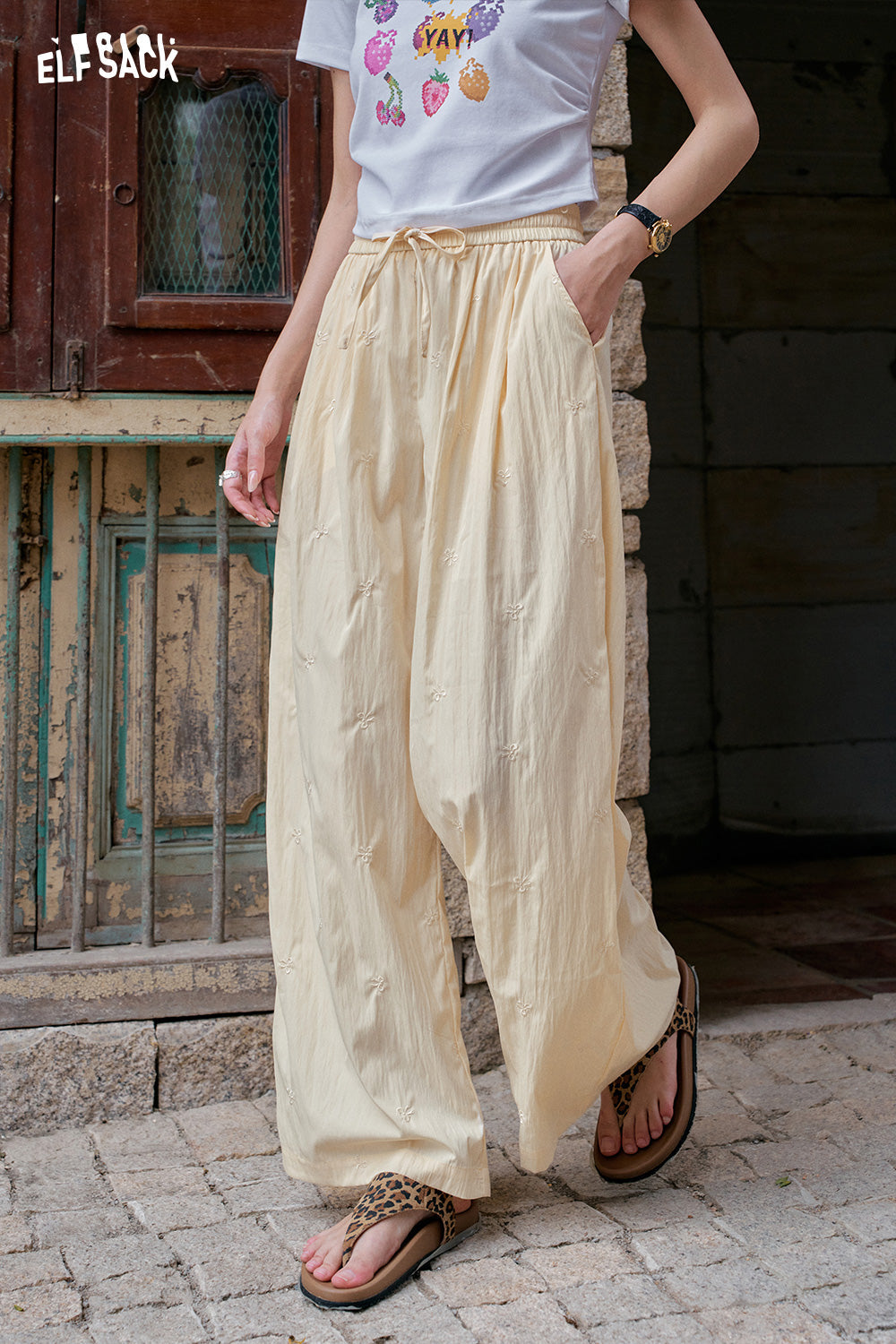 ELFSACK Solid Color Bow Embroidery High Waisted Casual Wide Leg Pants