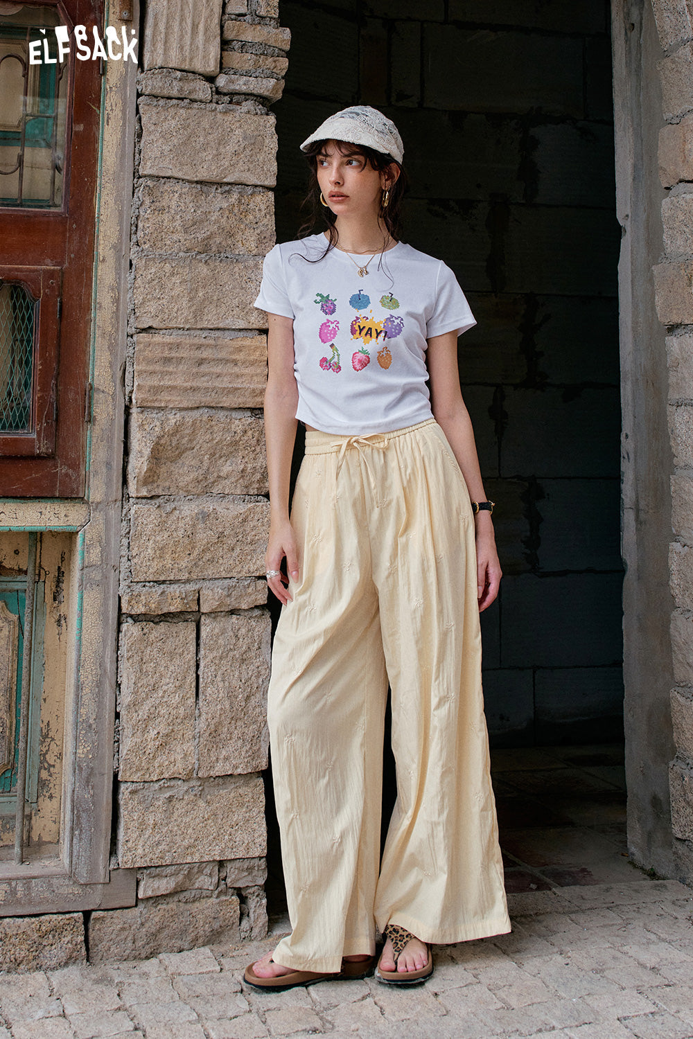 ELFSACK Solid Color Bow Embroidery High Waisted Casual Wide Leg Pants