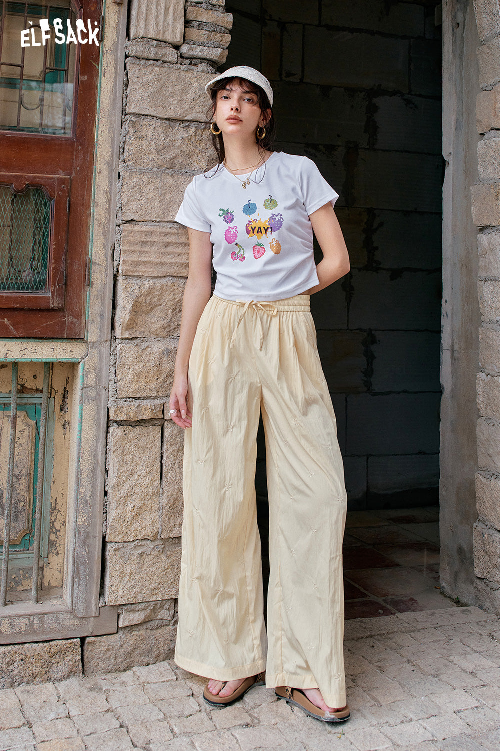 ELFSACK Solid Color Bow Embroidery High Waisted Casual Wide Leg Pants