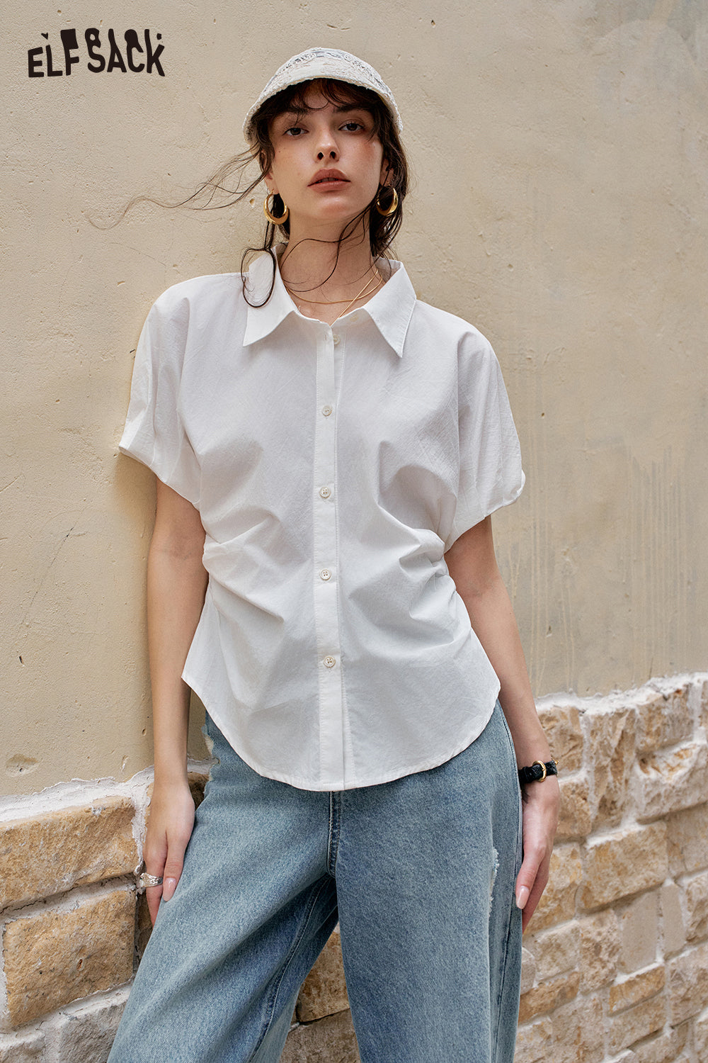 ELFSACK Solid Color Casual Short Sleeve Shirt