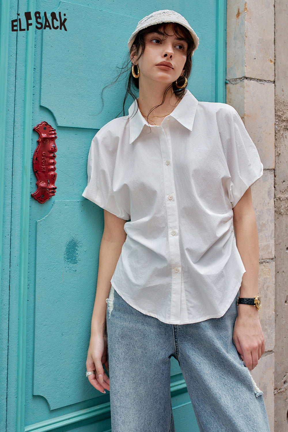 ELFSACK Solid Color Casual Short Sleeve Shirt