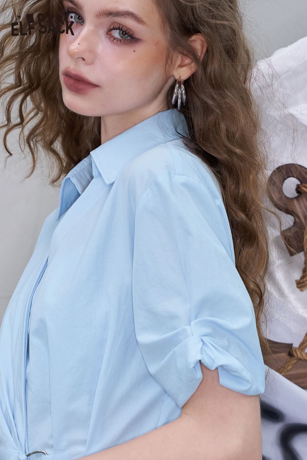 ELFSACK Solid Color Irregular Polo Collar Chic Dress