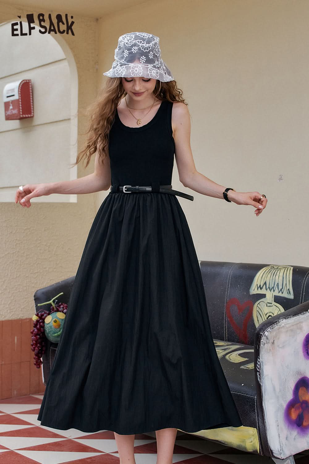 ELFSACK Solid Color Simple Casual Vest Dress