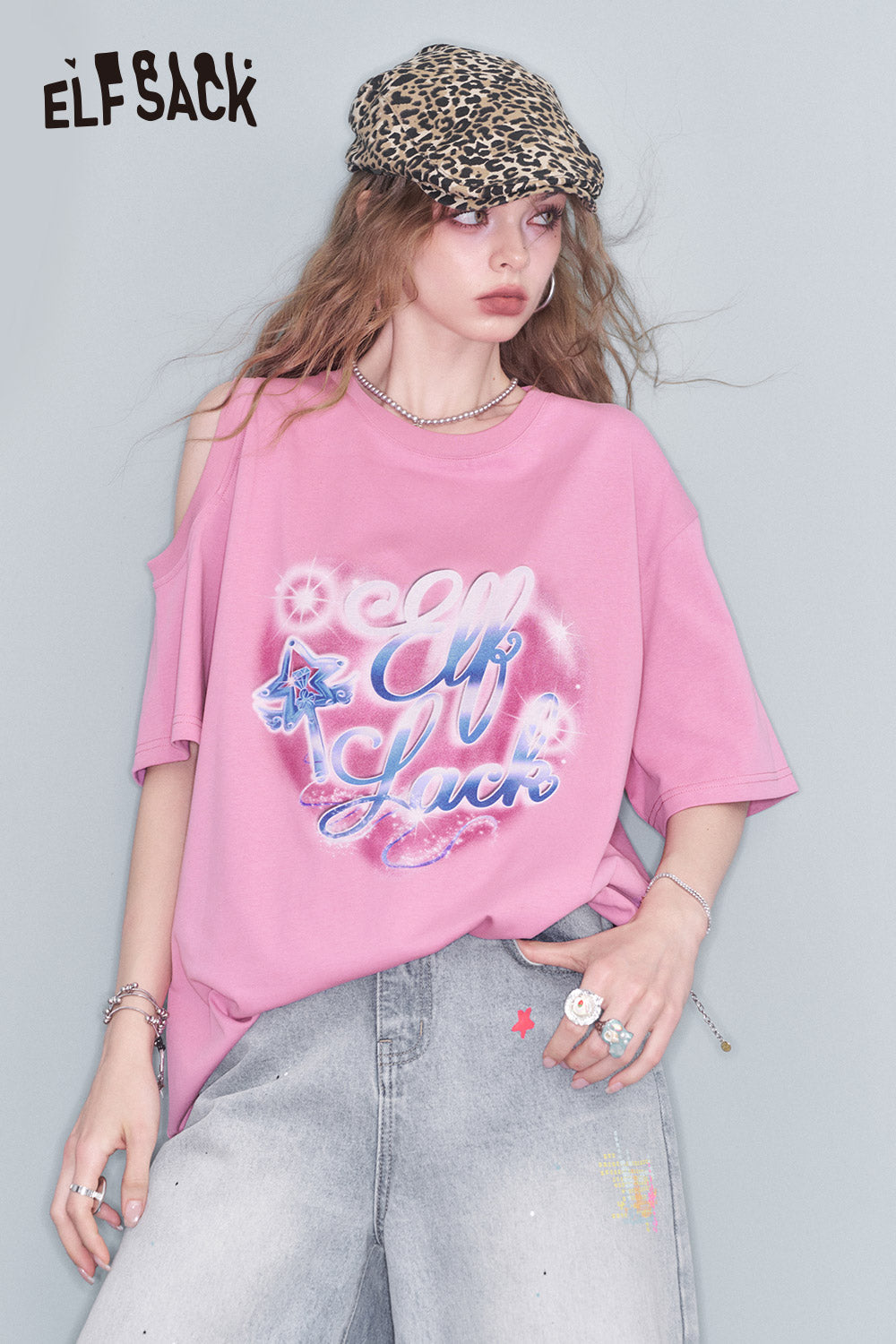 ELFSACK Strapless Love Print Loose T Shirt