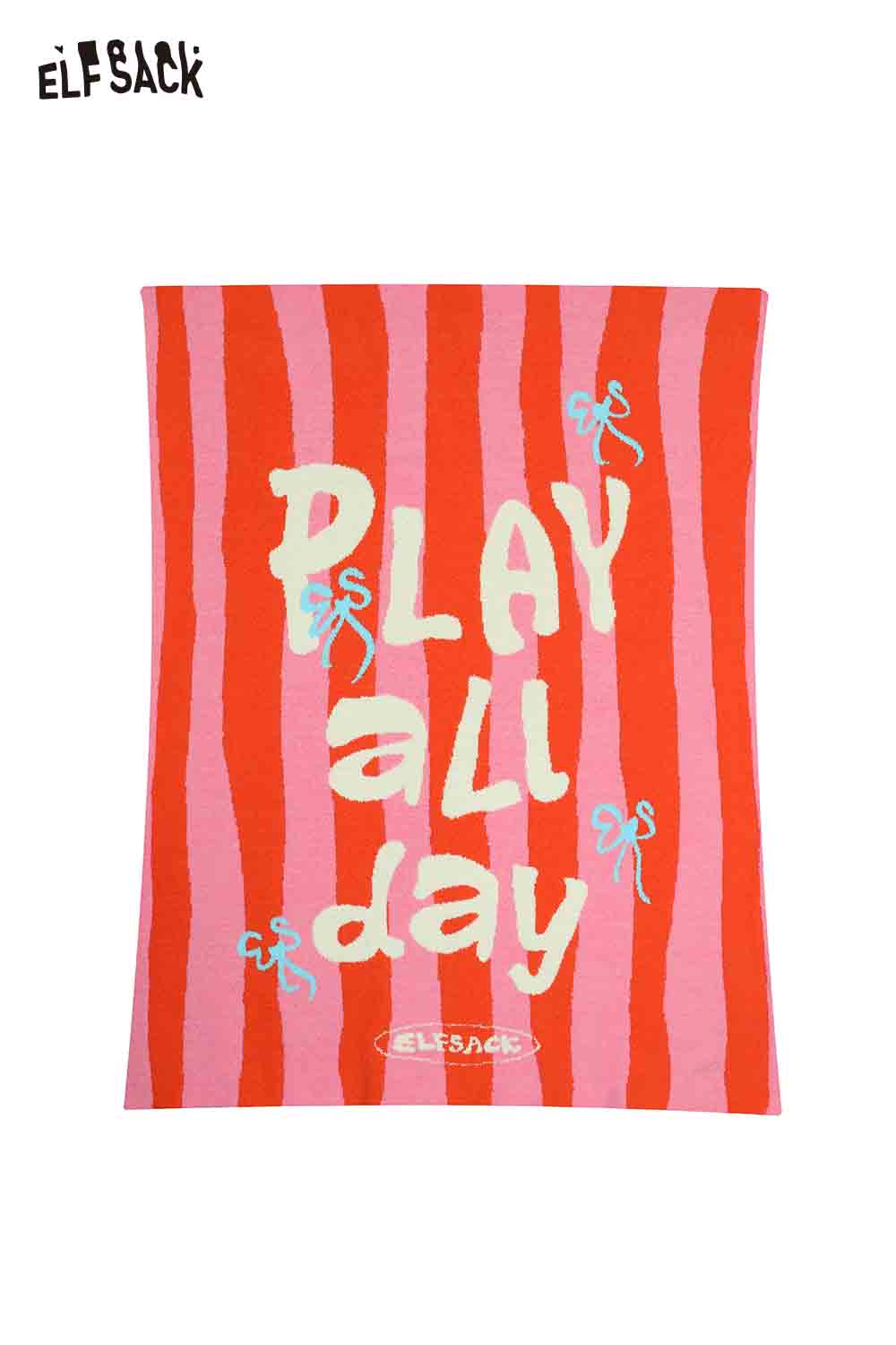 ELFSACK striped color block home blanket featuring playful text design in vibrant colors