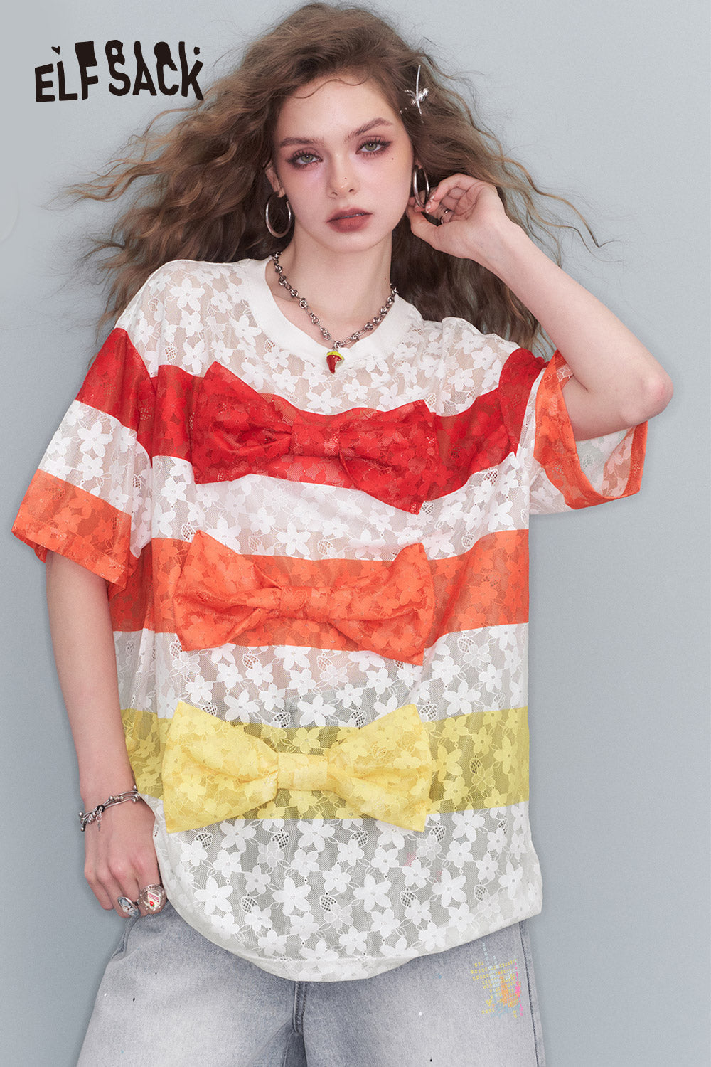 ELFSACK Striped Color Clash Bow T Shirt