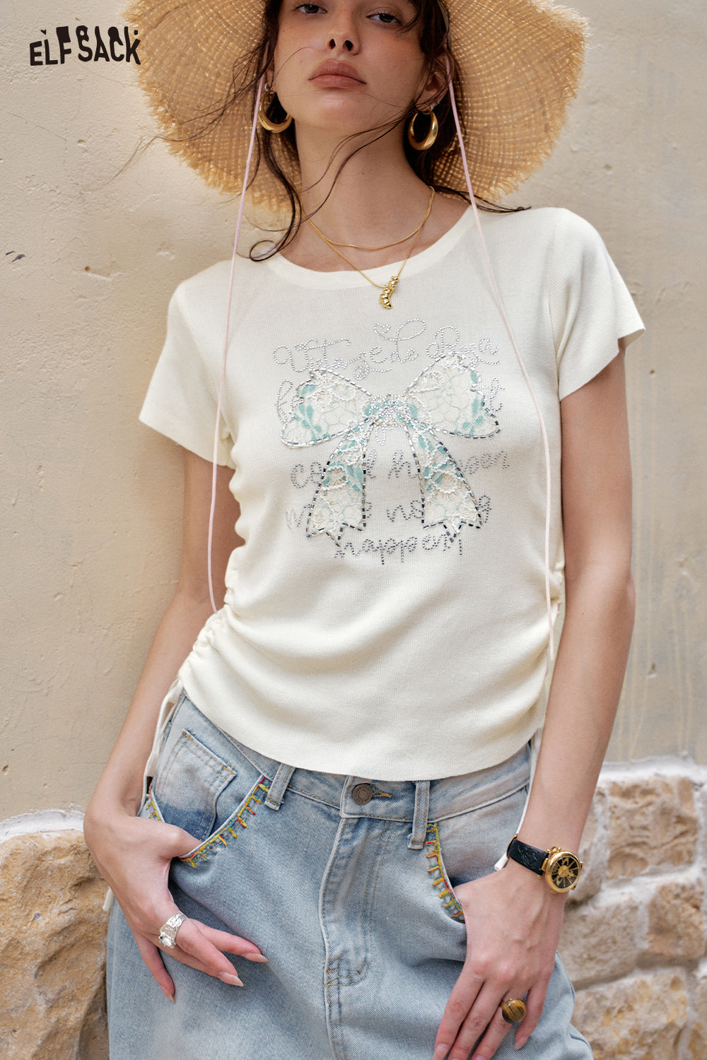 ELFSACK Sweet And Chic Bow Tie Short Sleeve Knitted T-Shirt