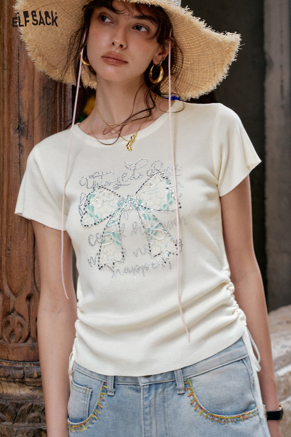 ELFSACK Sweet And Chic Bow Tie Short Sleeve Knitted T-Shirt