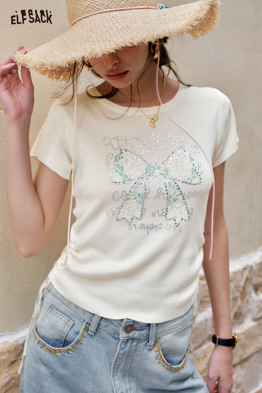 ELFSACK Sweet And Chic Bow Tie Short Sleeve Knitted T-Shirt