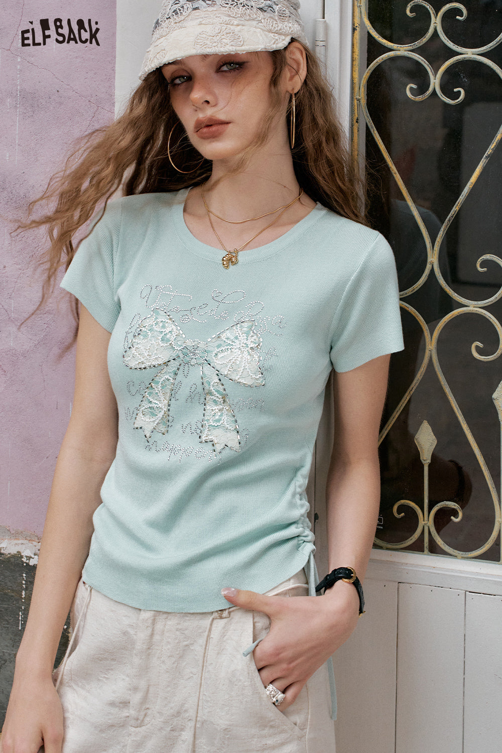ELFSACK Sweet And Chic Bow Tie Short Sleeve Knitted T-Shirt