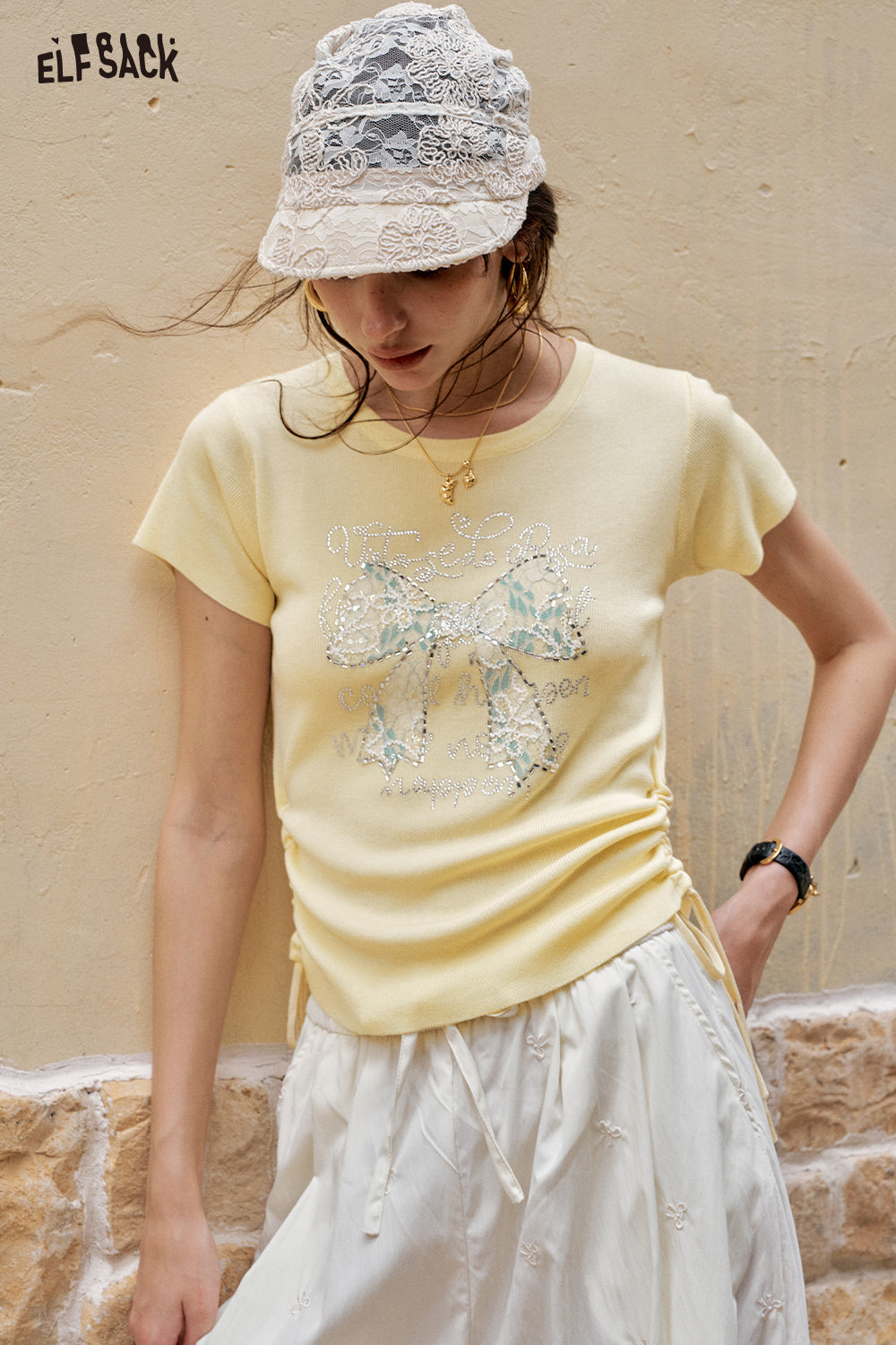 ELFSACK Sweet And Chic Bow Tie Short Sleeve Knitted T-Shirt