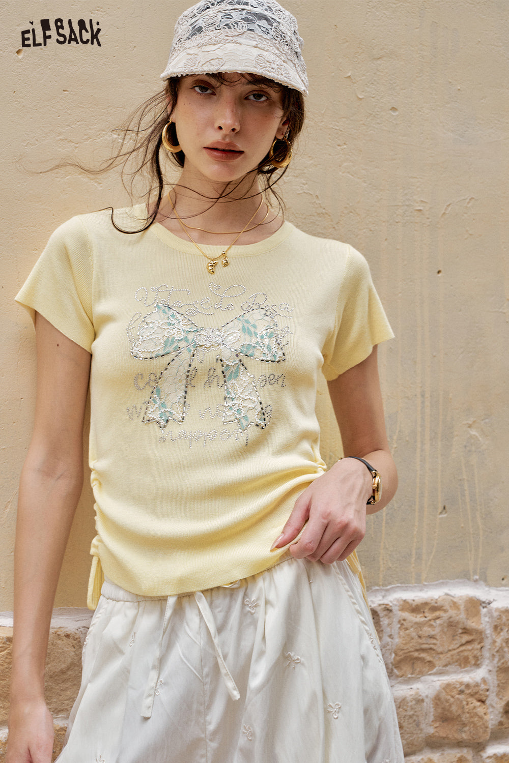 ELFSACK Sweet And Chic Bow Tie Short Sleeve Knitted T-Shirt