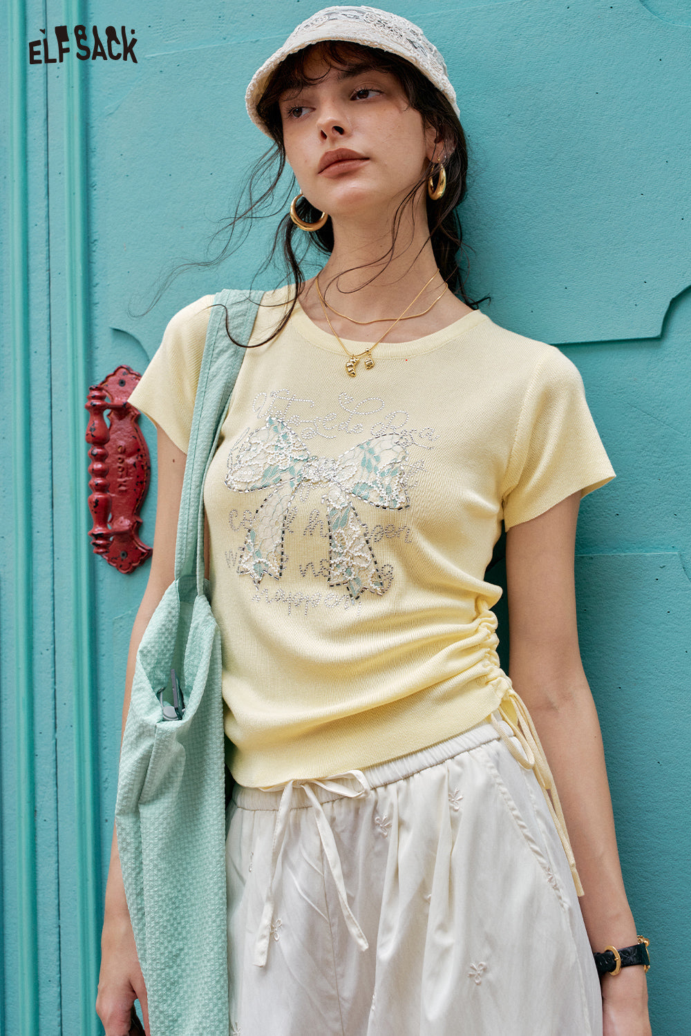 ELFSACK Sweet And Chic Bow Tie Short Sleeve Knitted T-Shirt