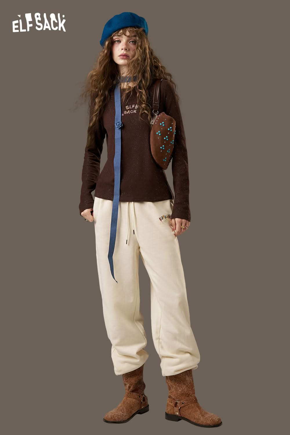 ELFSACK white cropped sweat pants for women styled with a brown top and accessories for a trendy look