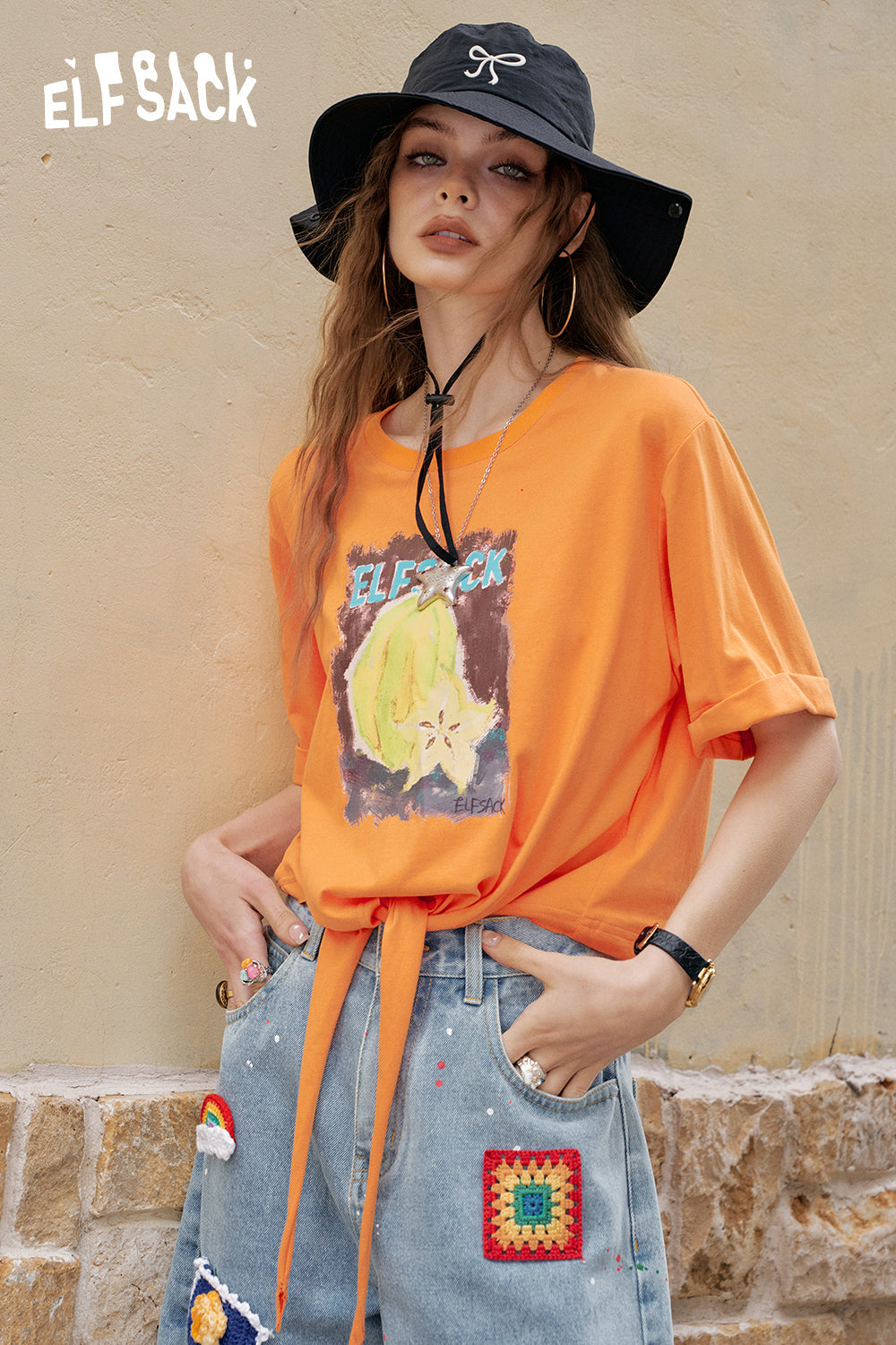 ELFSACK White Fruit Printed Lace Up Casual Short Sleeve T-Shirt