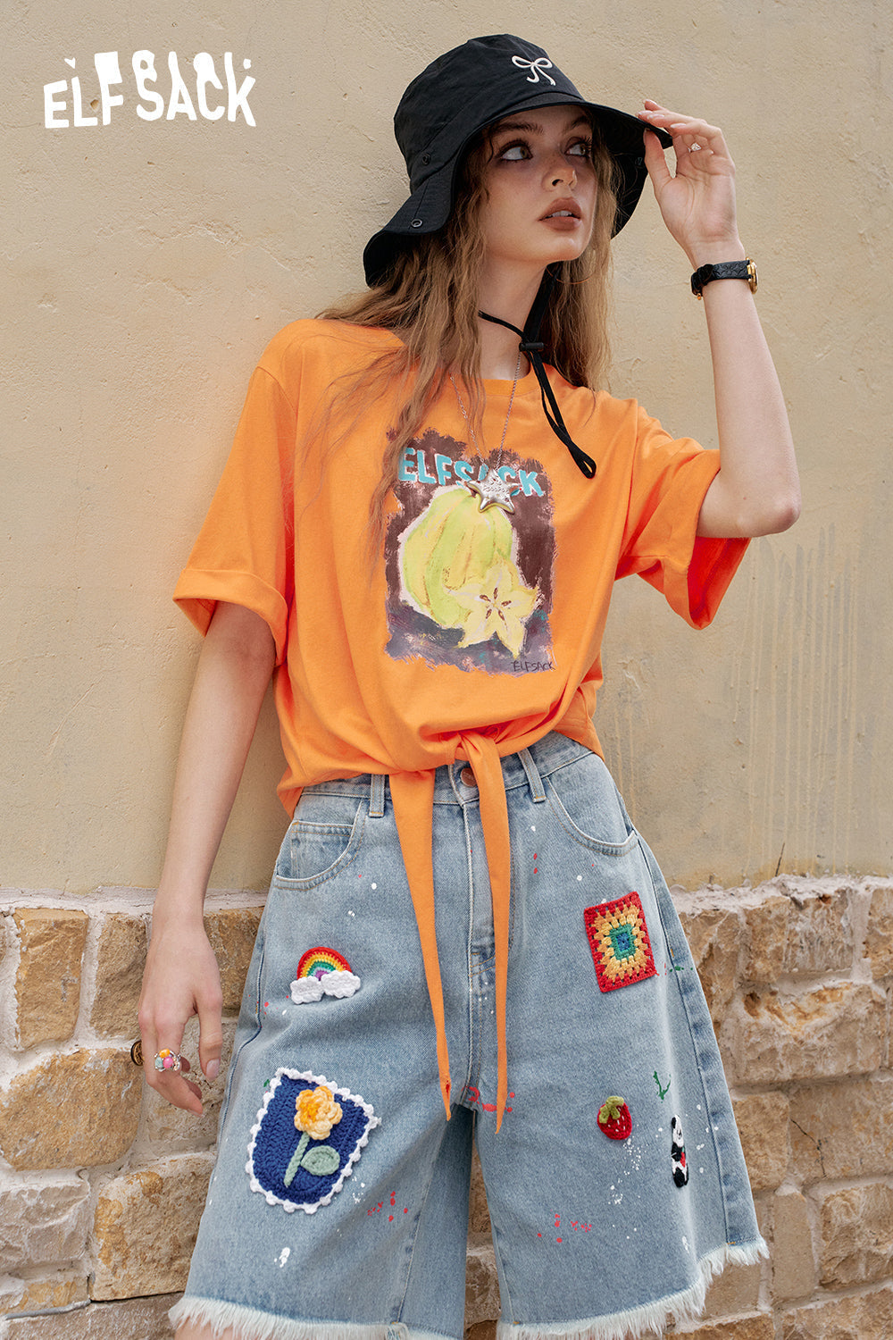 ELFSACK White Fruit Printed Lace Up Casual Short Sleeve T-Shirt