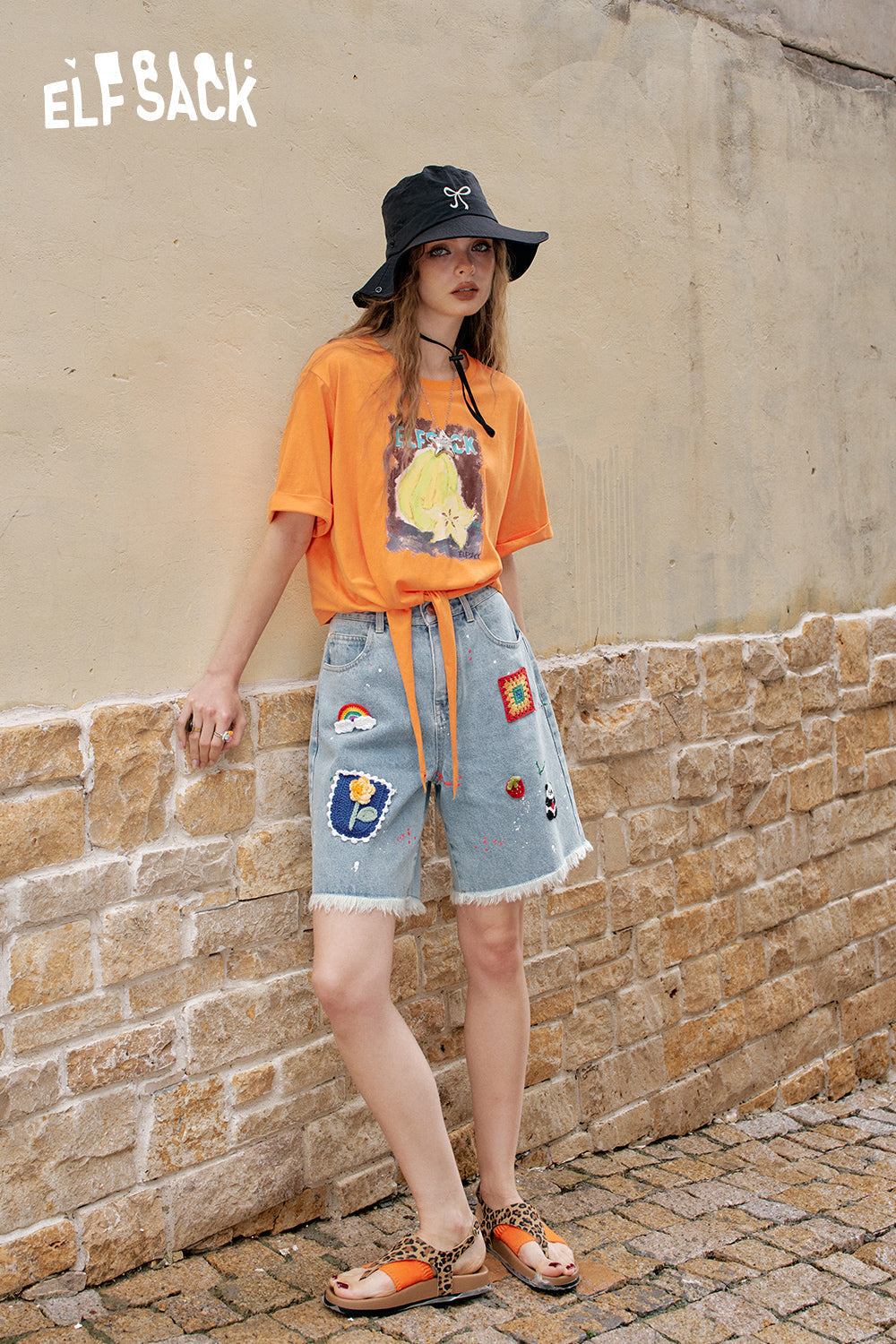 ELFSACK White Fruit Printed Lace Up Casual Short Sleeve T-Shirt