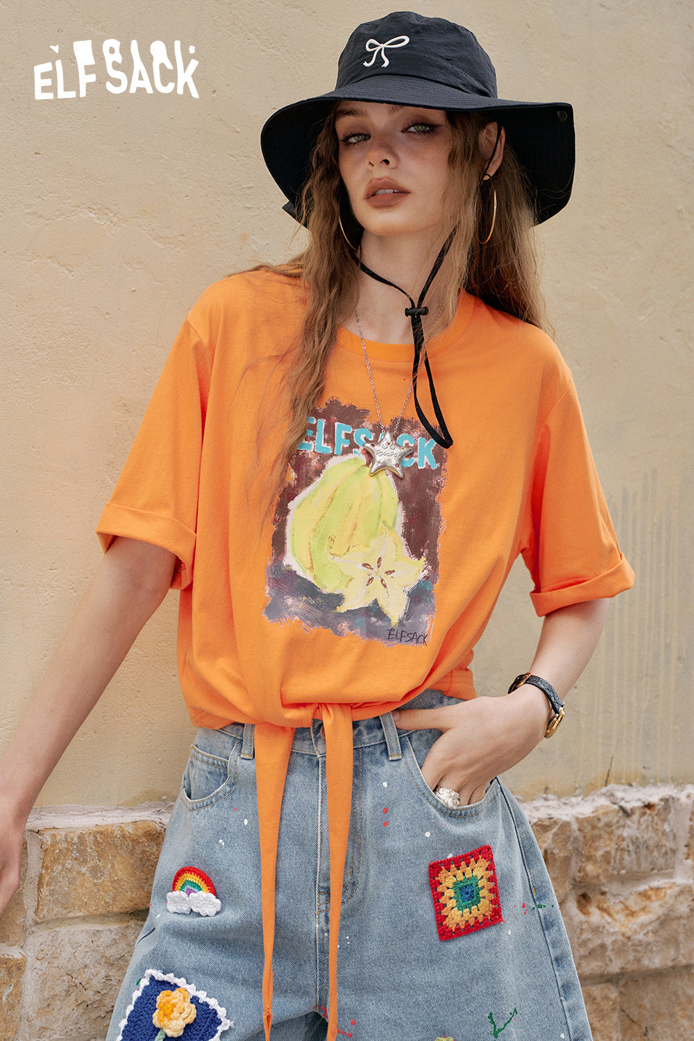 ELFSACK White Fruit Printed Lace Up Casual Short Sleeve T-Shirt
