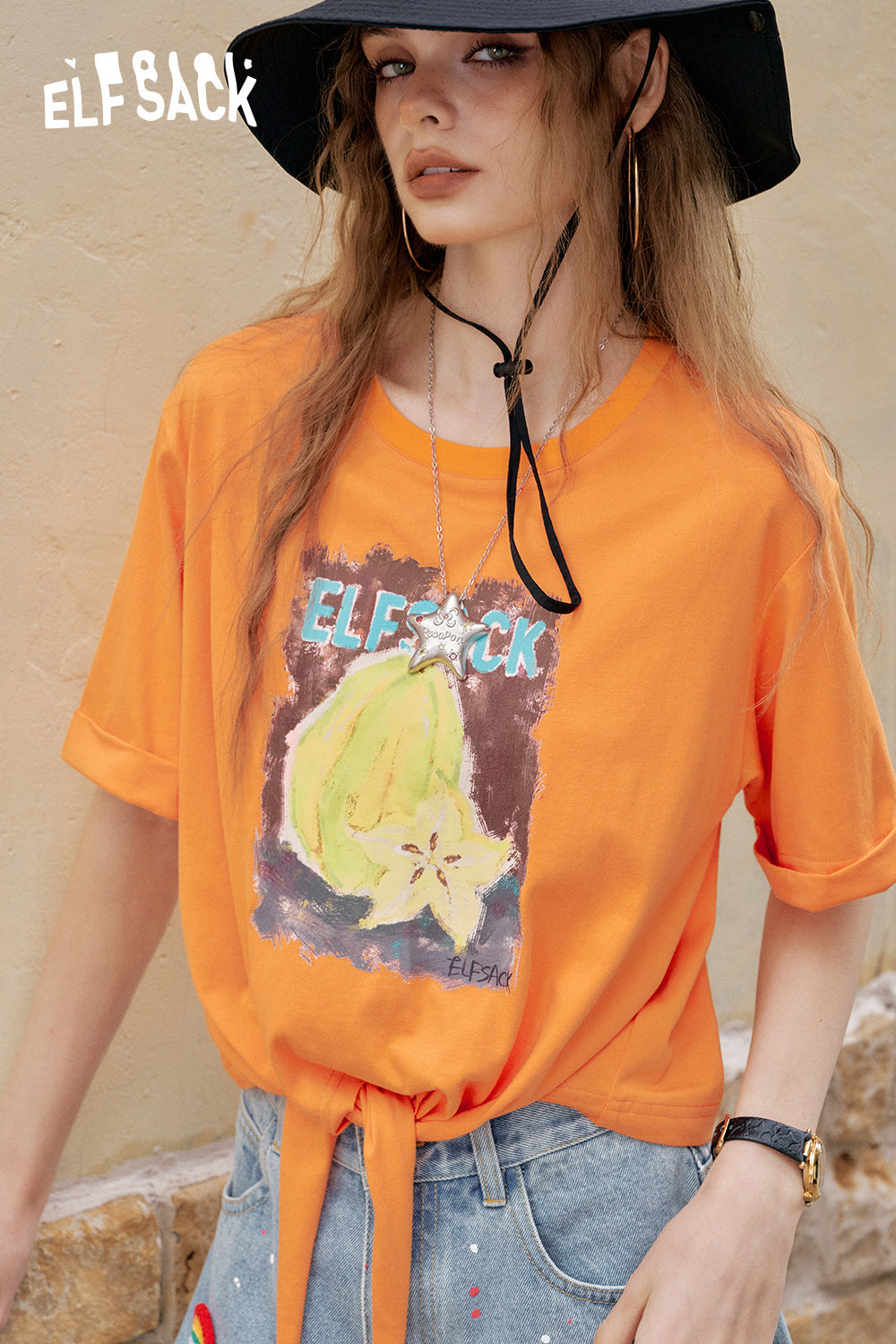 ELFSACK White Fruit Printed Lace Up Casual Short Sleeve T-Shirt