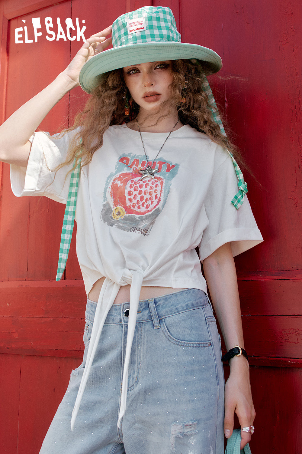 ELFSACK White Fruit Printed Lace Up Casual Short Sleeve T-Shirt
