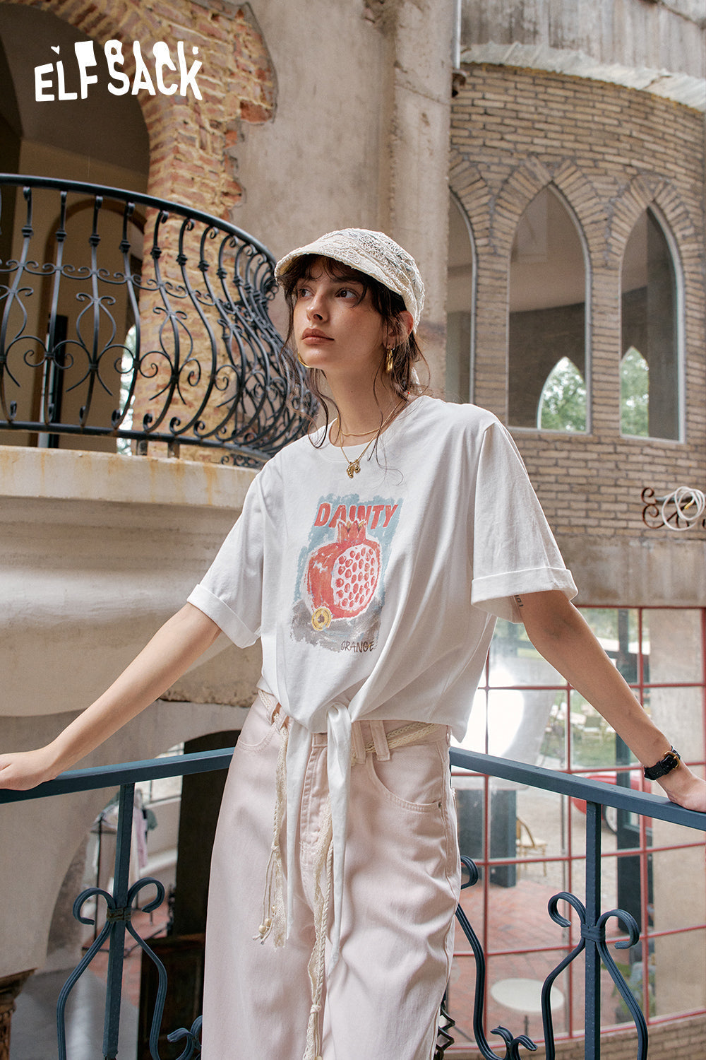 ELFSACK White Fruit Printed Lace Up Casual Short Sleeve T-Shirt