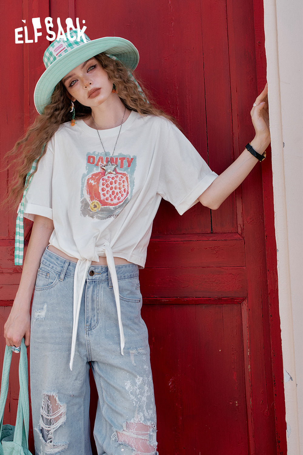 ELFSACK White Fruit Printed Lace Up Casual Short Sleeve T-Shirt