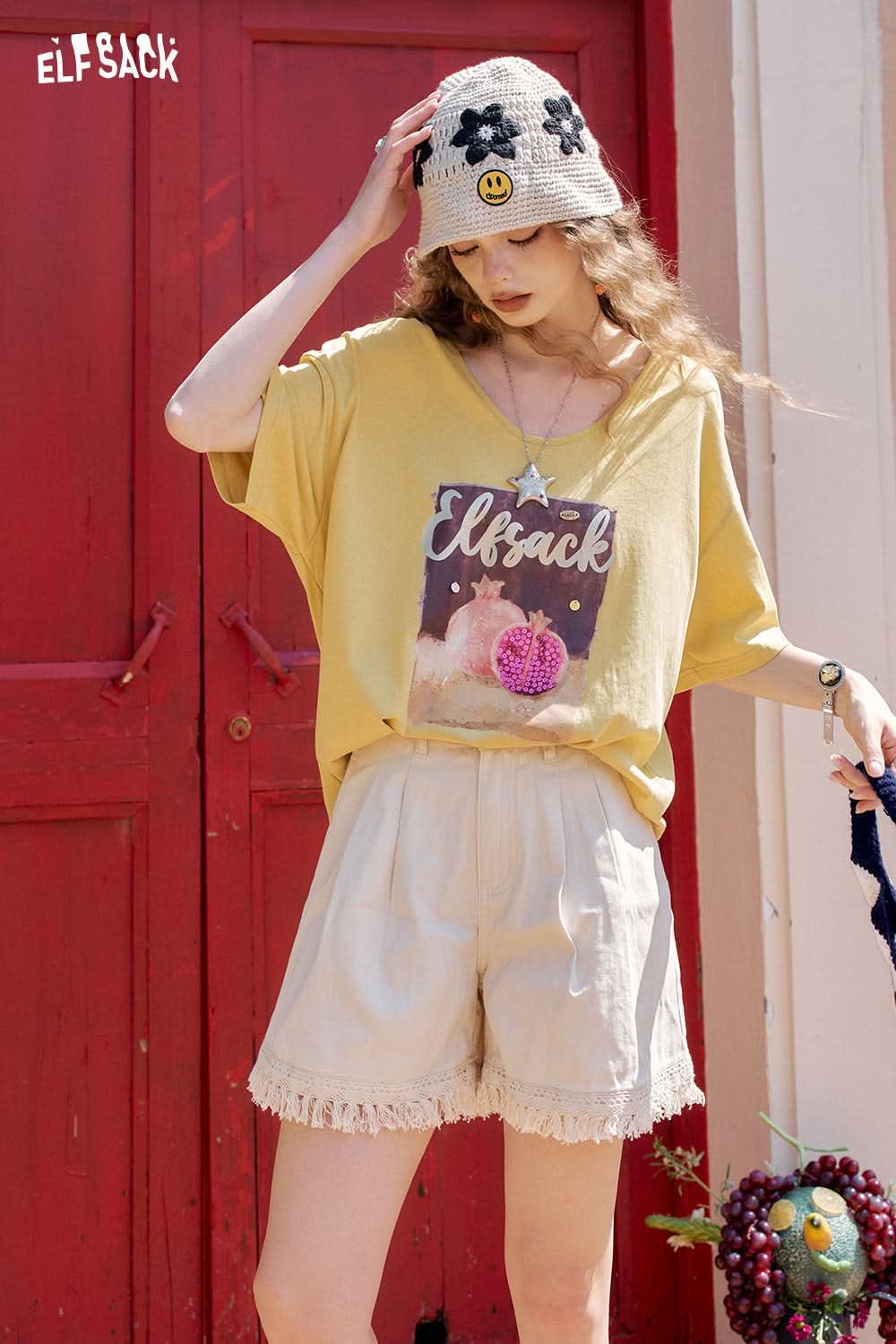 ELFSACK White High Waisted Tassel Casual Shorts