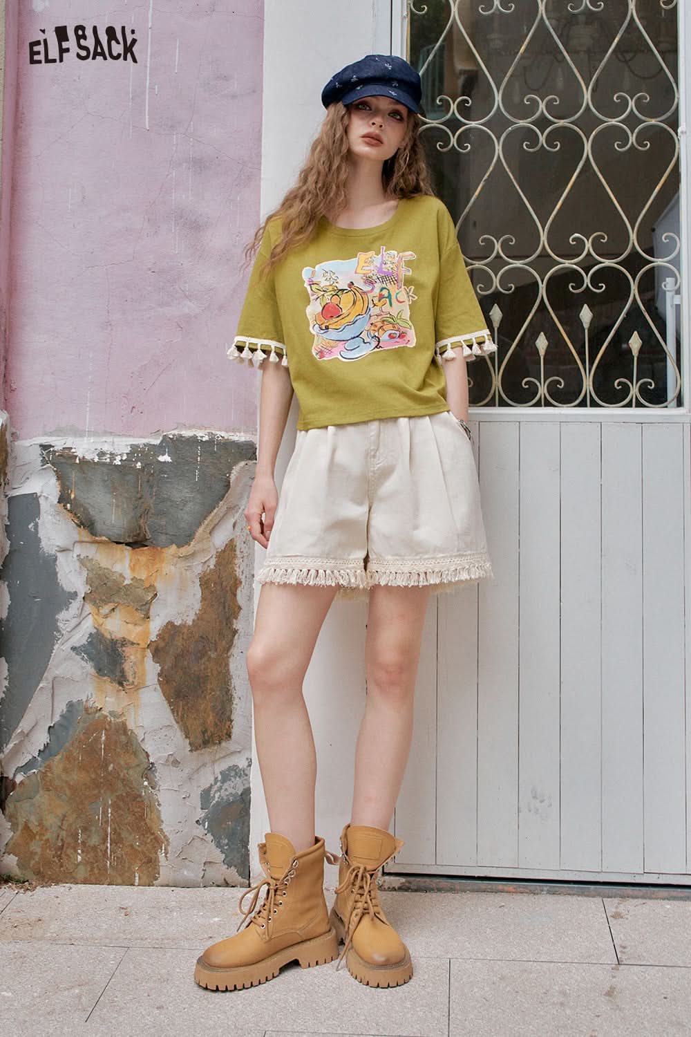 ELFSACK White High Waisted Tassel Casual Shorts