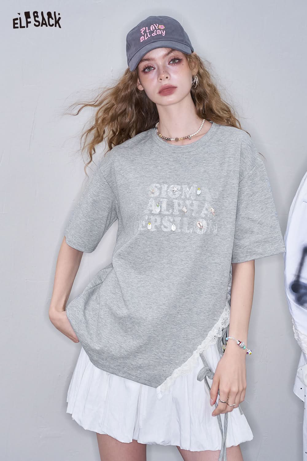 ELFSACK White Lace Patchwork Casual Short Sleeve T-Shirt