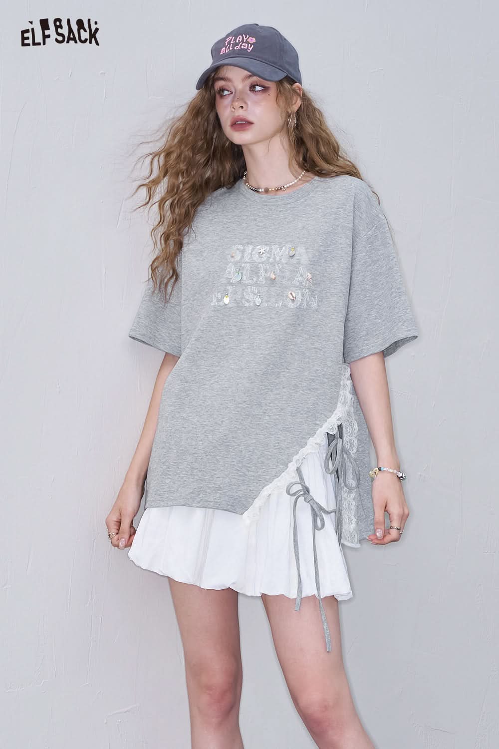 ELFSACK White Lace Patchwork Casual Short Sleeve T-Shirt