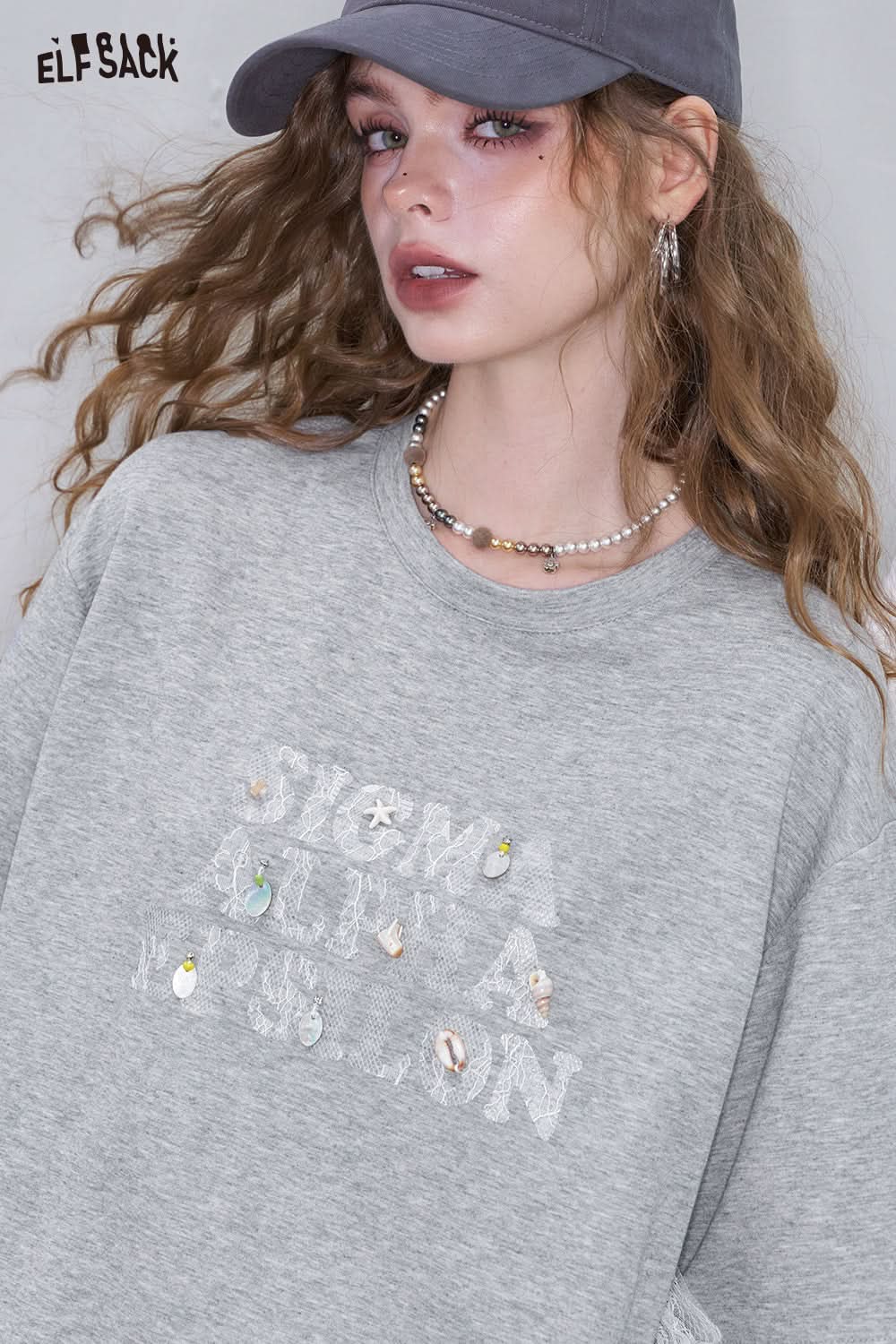 ELFSACK White Lace Patchwork Casual Short Sleeve T-Shirt